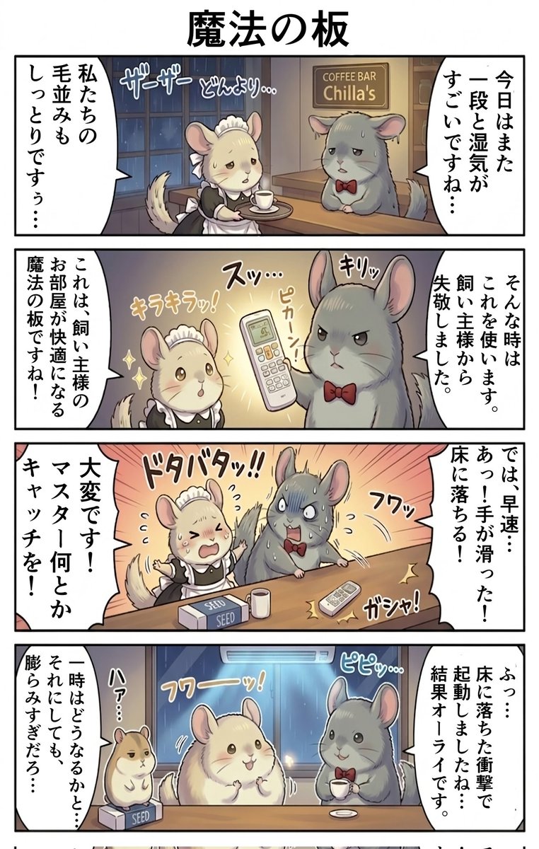 Chillas_Diary's tweet photo. 【4コマ漫画】第115話『魔法の板』
今年もムシムシと暑くなりそうですね…
皆さんも、愛チラさんも、無理せず魔法の板を使っていきましょう…
#チンチラ #エアコン https://t.co/xsnpSmp9vY