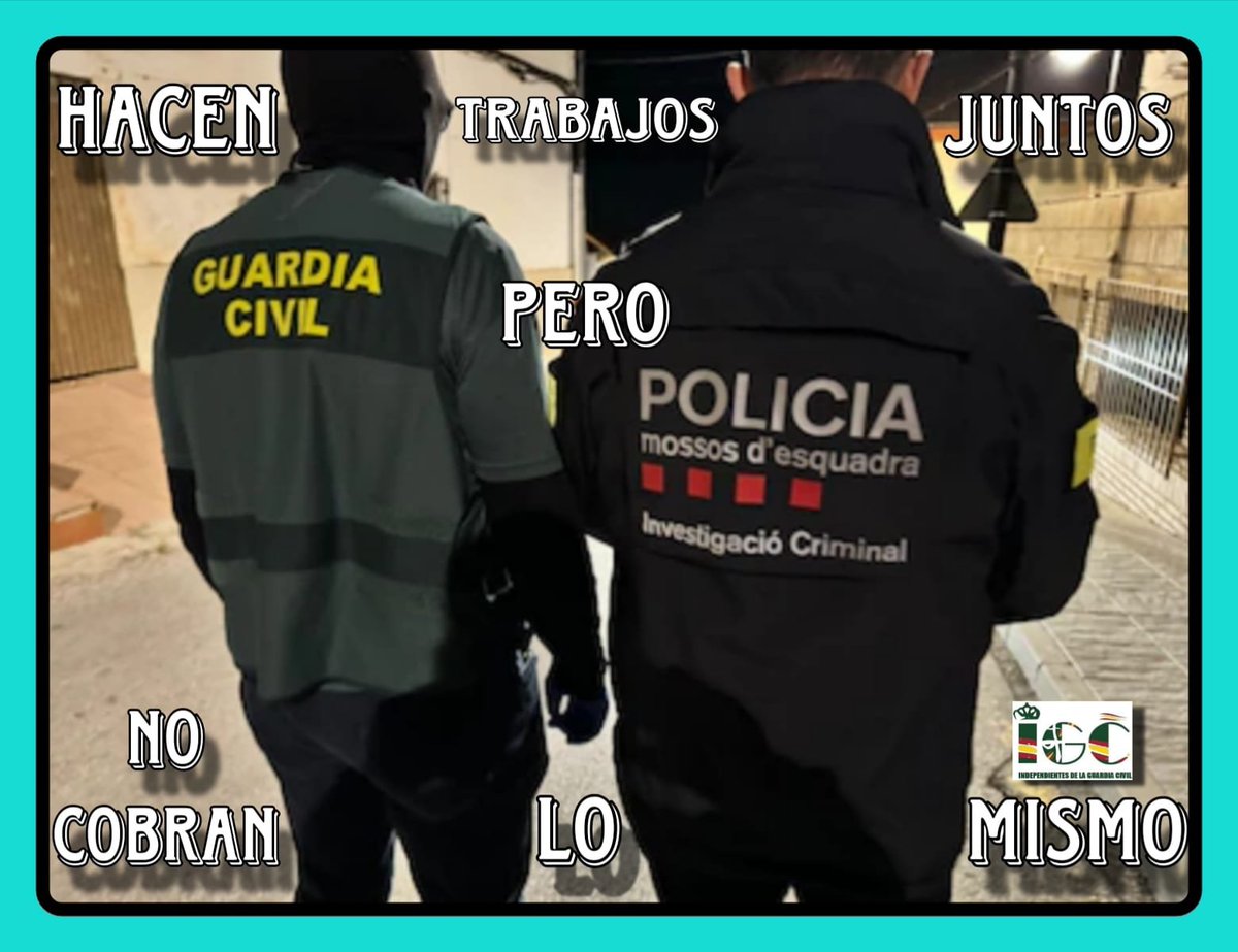 _IGC_'s tweet photo. Trabajos juntos y condiciones distintas 

Que las autoridades competentes nos firmen ✍️ ya a los guardias civiles:

⛔#EquiparacionSalarialReal
⛔#JubilacionDigna
⛔#ProfesionDeRiesgo
⛔#JornadaLaboralDigna
⛔#TurnosLaboralesDignos
⛔#IgualdadEnHorasTrabajadas
⛔#JornadaDe35horas
⛔#MismosIndicesCorrectores
⛔#MismosServiciosExtraordinarios

NOS MERECEMOS TRATO IGUALITARIO

@interiorgob @guardiacivil 
@PSOE @ppopular @sumar
@vox_es @PODEMOS @Europarl_EN
@Europarl_ES @ComisionEuropea @DefensorPuebloE @parlamentoUE @UE_Commission @desdelamoncloa
📸 original: @infobae