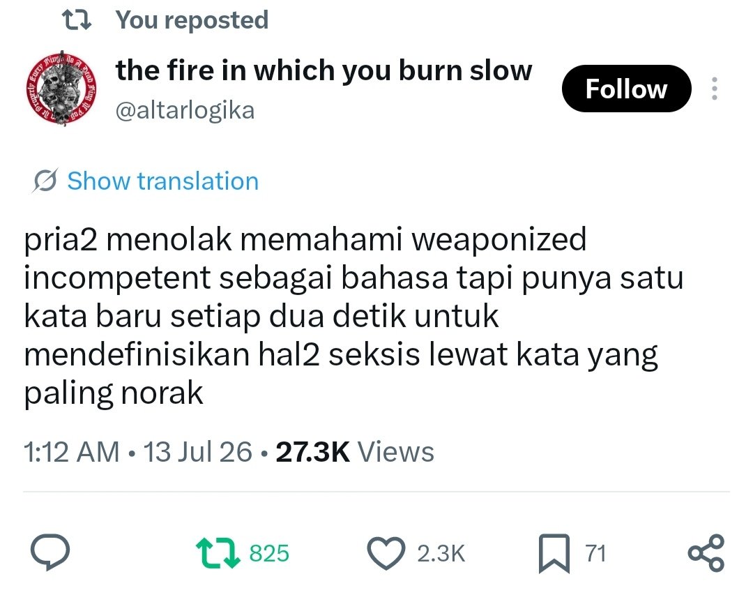 mecxpme's tweet photo. masih ini jawaban terbaik.  laki2 bisa gampangnya celoteh istilah mesum kayak tobrut, coli, dll. tp giliran istilah 'berat' langsung ribut ngerasa lebay.

misoginis dianggap meaningless.... well men ☕ https://t.co/pKFJbGpMzB