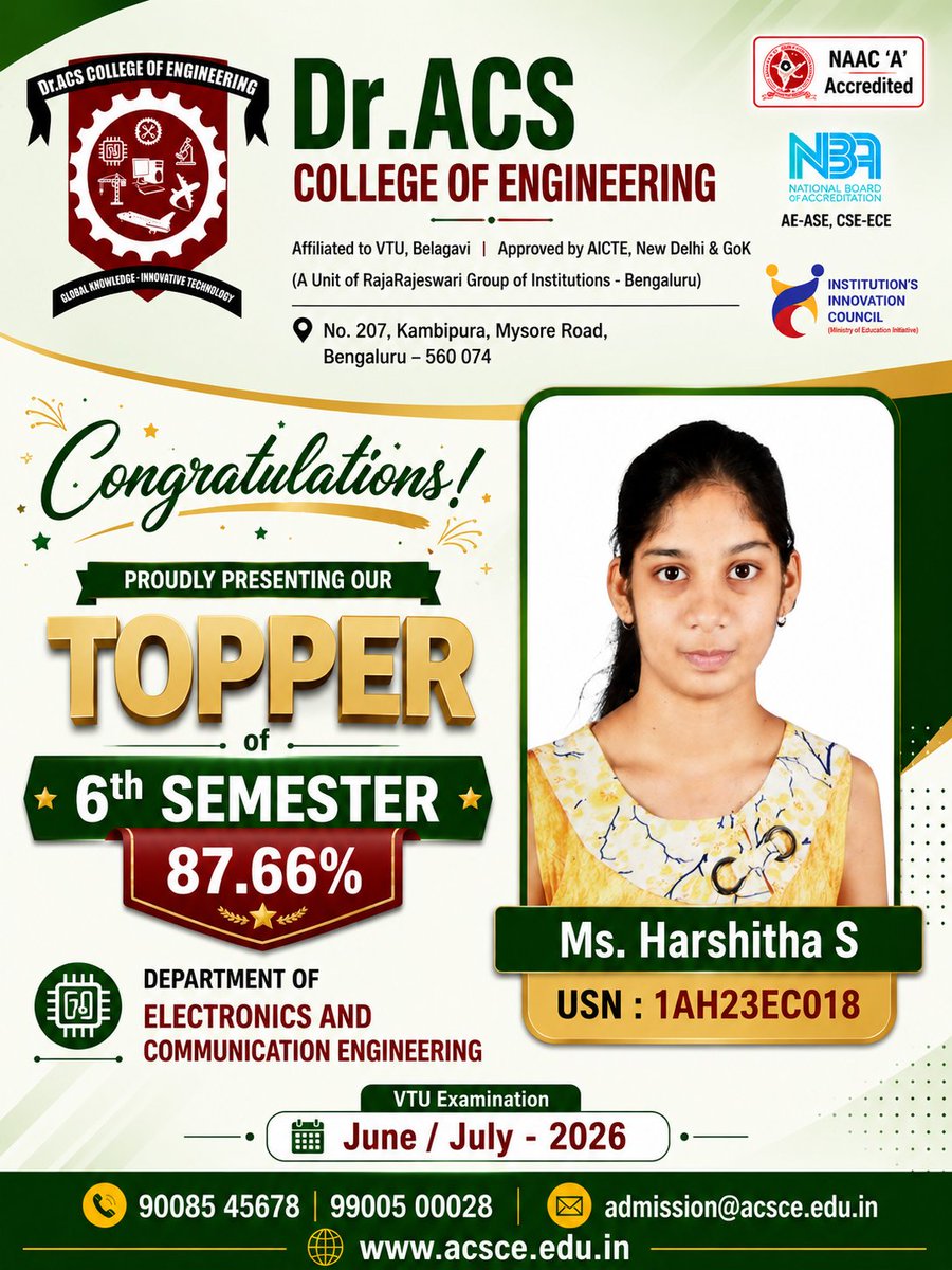 acscebangalore's tweet photo. π #AcademicExcellence | Congratulations to Ms. Harshitha S of #DrACSCE #ECE for securing 87.66% in the #VTU 6th Semester (June/July 2026) exams! π Wishing you continued success. π #VTUResults2026 #StudentAchievement #EngineeringEducation #FutureEngineer https://t.co/sqTZ2wuAdy