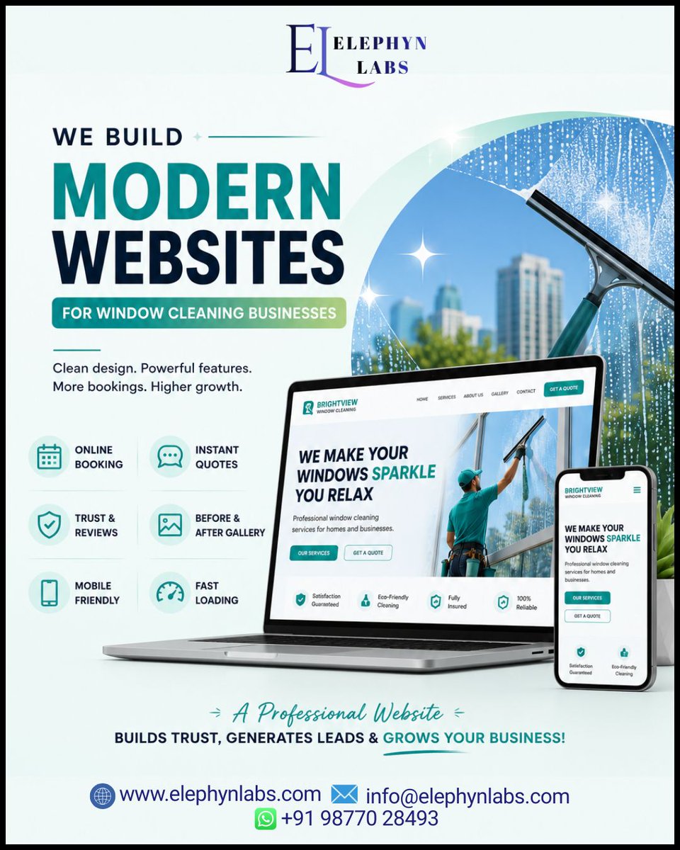 elephynlabs's tweet photo. Build trust, win more customers, and grow your window cleaning business with a modern website.

#WindowCleaningCanada #WindowCleaningUSA #WindowCleaningUK #WindowCleaningAustralia #CommercialCleaning #GlassCleaning #PressureWashing #WebsiteDesign #WebDevelopment #ElephynLabs https://t.co/Skk2JXKM7N