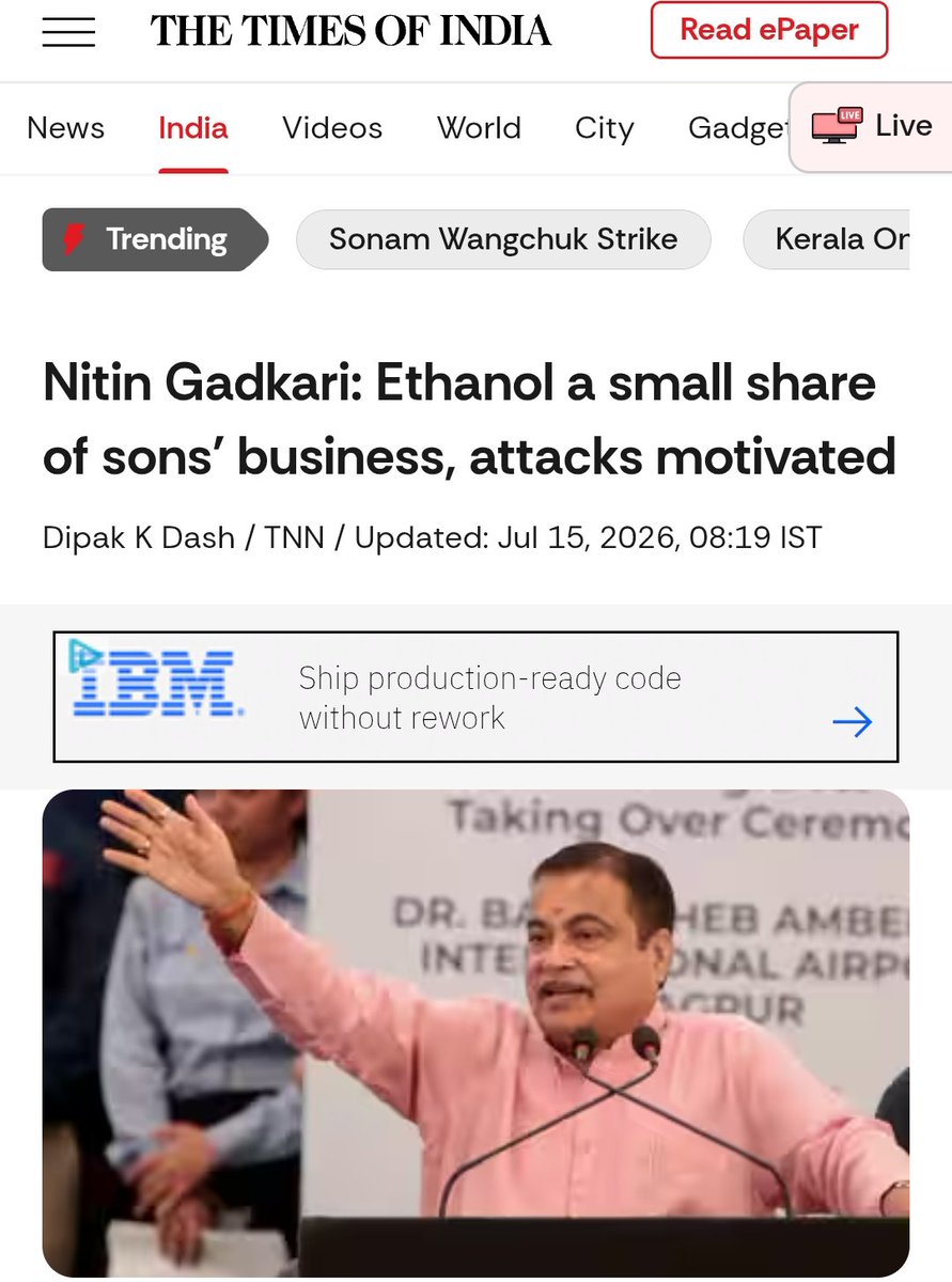 manoj_216's tweet photo. Mr Gadkari had earlier confirmed himself that his share is 'just' 0.07% of India's ethanol production.
He now says this is a 'small' enough share to be called a 'conflict of interest'.
As per ChatGPT, this 'small' share is around Rs 50-100 Crore annually.
I don't how is this small.
And I don't know how is this not a conflict of interest.