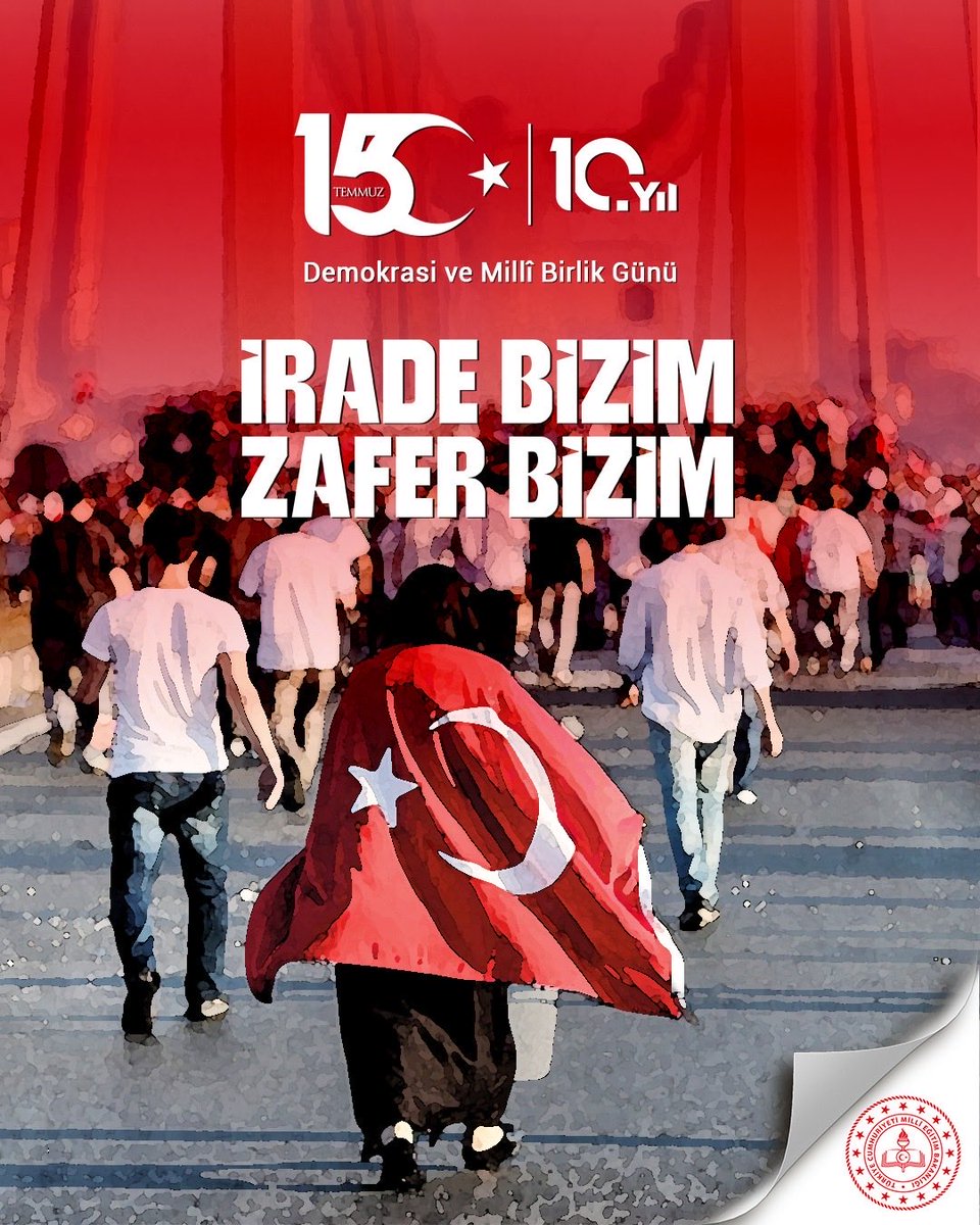 tcmeb's tweet photo. İrade Bizim, Zafer Bizim

15 Temmuz; milletimizin demokrasiye, bağımsızlığına ve millî iradesine kararlılıkla sahip çıktığı tarihî dönüm noktalarından biridir. Bu tarihi yazan aziz şehitlerimizi rahmetle, kahraman gazilerimizi minnetle anıyoruz.

Bizi millet yapan bu eşsiz birlik ve beraberlik ruhuyla, geleceğimizin emanetçisi nesillerimizi millî ve manevi değerlerine bağlı bireyler olarak yetiştirme kararlılığımızı daima sürdüreceğiz. 
“15 Temmuz Demokrasi ve Millî Birlik Günü” kutlu olsun.

#15Temmuz
#ZaferBizim