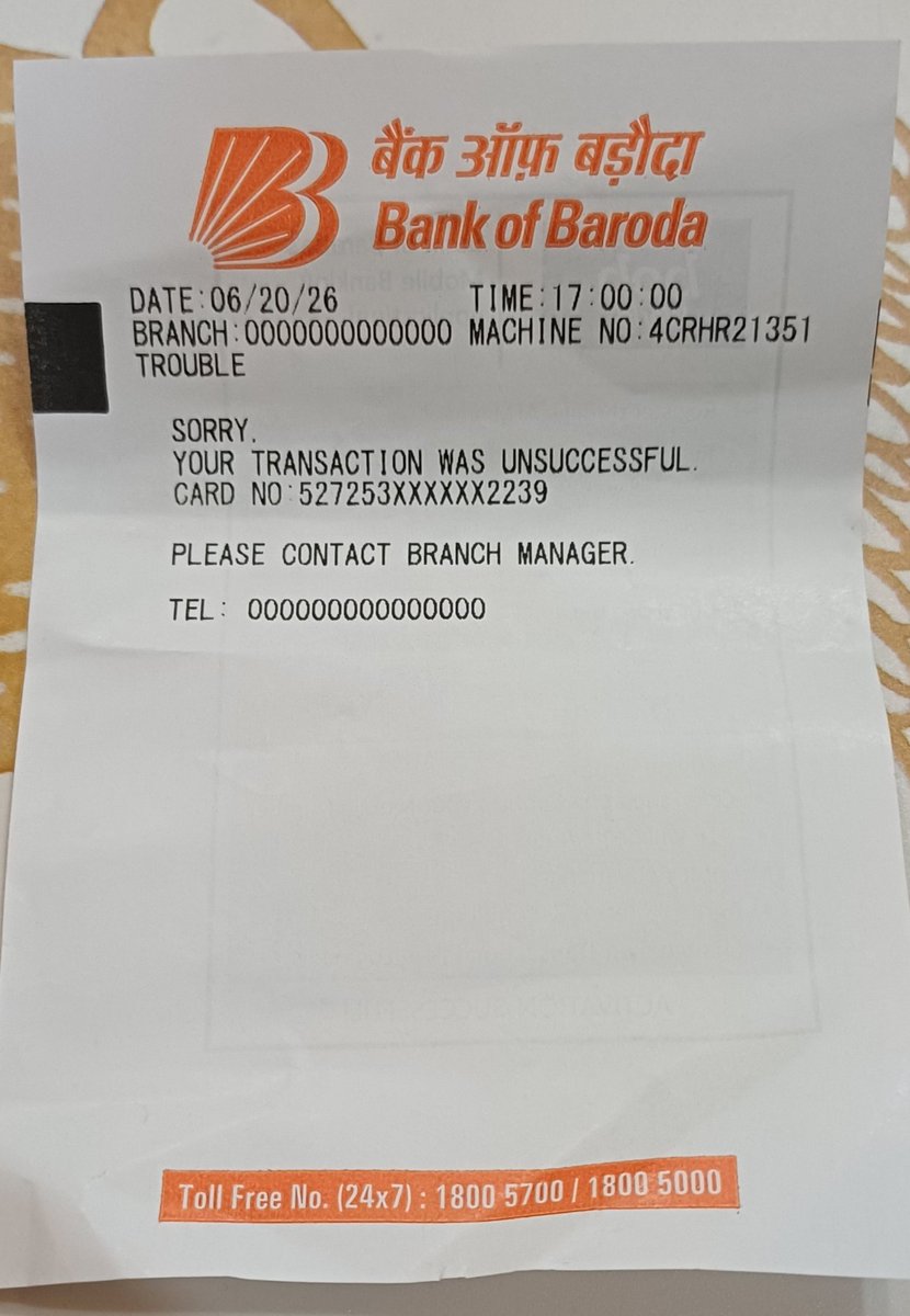 djagastya's tweet photo. @bankofbaroda The receipt given by the machine for that failed transaction,I just want my money back,Plz do whatever is needed to be done. https://t.co/T181B5a0gS