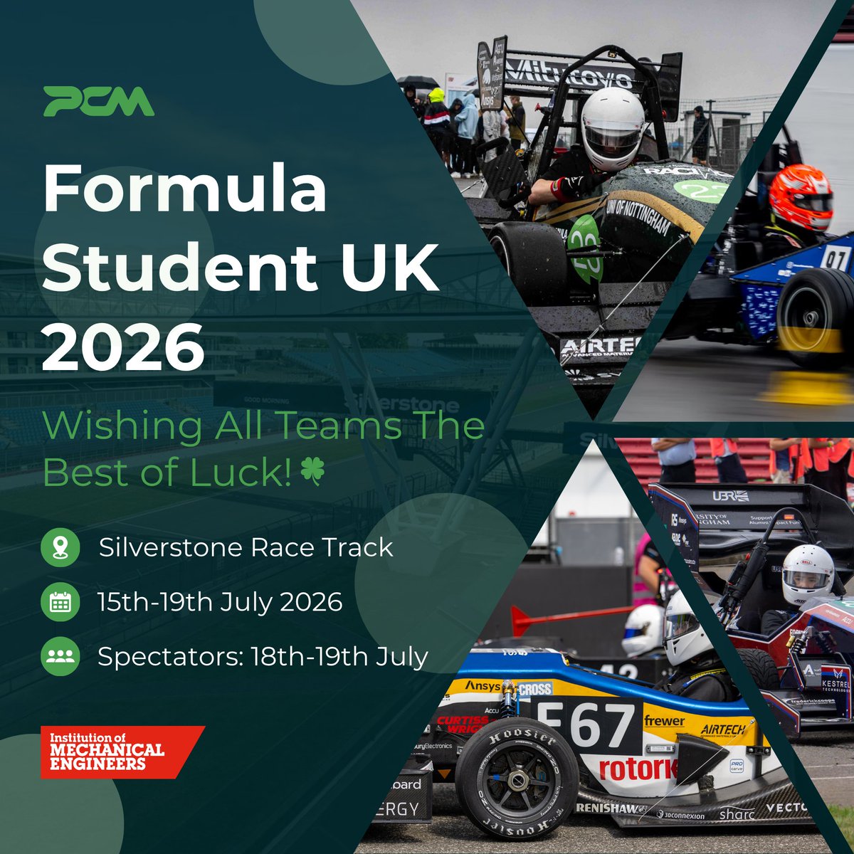 ProcterChester's tweet photo. With IMechE Formula Student 2026 kicking off tomorrow, we'd like to wish every team competing at Silverstone the very best of luck. 🍀

#FSUK #FSAE #FormulaStudent #StudentEngineering #Motorsport #Silverstone #IMechE https://t.co/ES7q5QUNCp