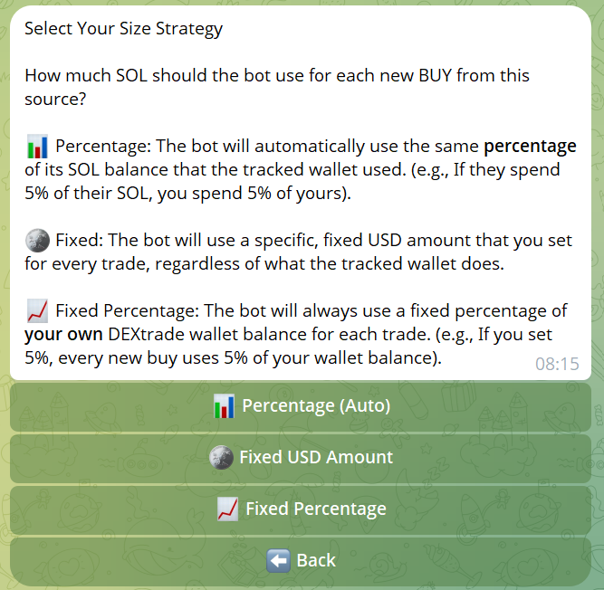 DEXtracktrade's tweet photo. 🤖 Sometimes you don't need more wallet alerts.

You need a way to turn those DEXtrack alerts into action.

That's where DEXtrade comes in.

Choose how you want to copy. Match the tracked wallet's percentage, use a fixed SOL amount, or enter a fixed percentage of your own wallet.

You stay in control. The bot handles the speed. 🚀