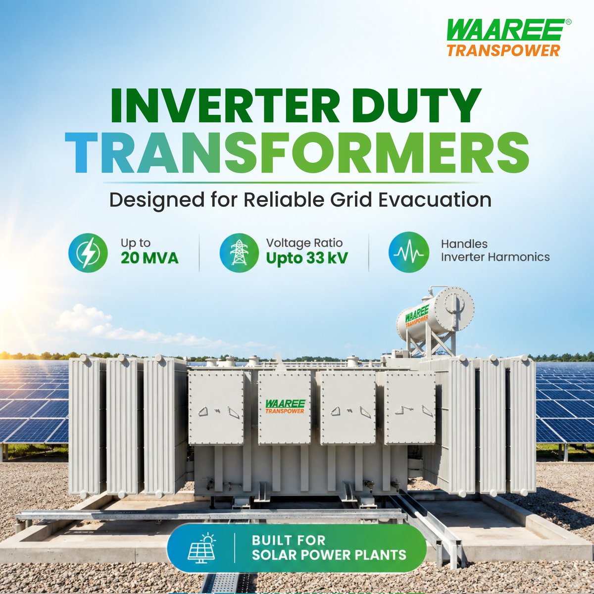 Waaree_TPower's tweet photo. Reliable Power Starts with the Right Transformer.
When it comes to evacuating solar power efficiently, every component matters. Waaree Transpower's Inverter Duty Transformers are engineered to deliver seamless integration, superior performance. https://t.co/OhRm38y0Ek