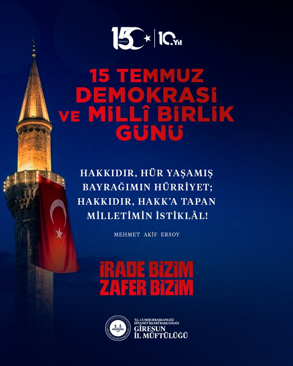 GiresunMuftuluk's tweet photo. Karanlık geceyi aydınlatan salâlara,
Vatanları için canlarını yok sayanlara,
Kurşunlara göğüs geren kahramanlara,
Şahittir Gecenin ve Sabahın Sahibi…

Bir duruş, bir direniş, bir destandır 15 Temmuz! 🇹🇷
#İradeBizimZaferBizim https://t.co/UIzBJ9oKCH
