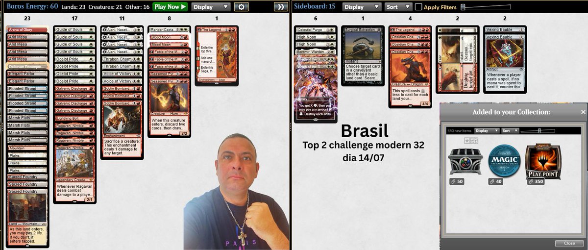 ElfomanPwBr's tweet photo. Top 2 challenge modern today. Thy God and congratulation for eclipse4343 for the top 1. My oponent played so well. My deck, how you can see, was Boros energy and it worked very well. I played well too and my sideboard helped me too much to reach top 2. Brazil, i love you! https://t.co/fVPoHFIN4a