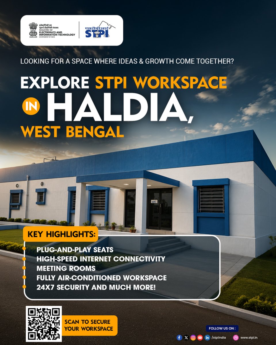 stpiindia's tweet photo. Are you searching for a professional workspace in the fast-growing industrial and business hub of Haldia?

Discover modern, fully-equipped STPI Workspaces designed to support startups, entrepreneurs, and growing businesses in a productive environment. 🏢✨

What you’ll get:
✔️ Plug-and-play seats
✔️ High-speed internet connectivity
✔️ Fully air-conditioned workspaces
✔️ Meeting rooms for seamless collaborations
✔️ Dedicated technical support and more!

Limited workspaces available in Haldia.
➡️ Apply now: https://t.co/Lma8FwNd0l

#STPI #Haldia #Workspaces #StartupIndia #OfficeSpace #Innovation #BusinessGrowth #Incubation #ProfessionalSpaces

@GoI_MeitY @AshwiniVaishnaw @JitinPrasada @SecretaryMEITY @arvindtw @_DigitalIndia @NeGD_GoI @SuvenduWB @PIBKolkata @DPIITGoI
