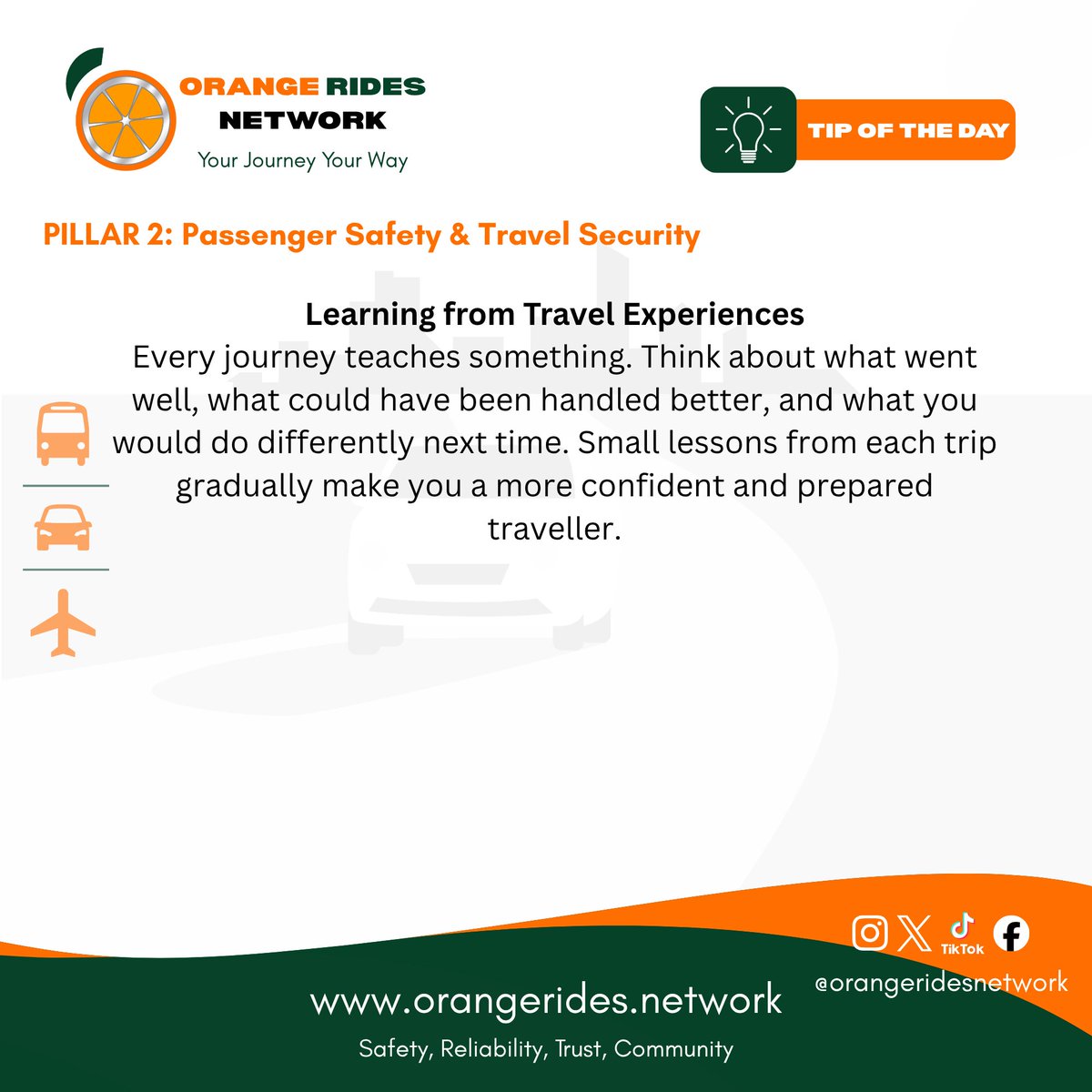 Orange_Rides's tweet photo. Help build safer journeys by reporting safety concerns and learning from every travel experience. Smart travellers never stop improving.

#OrangeRidesNetwork #ORNSound #PassengerSafety #TravelSmart https://t.co/K5tsCr2fFa
