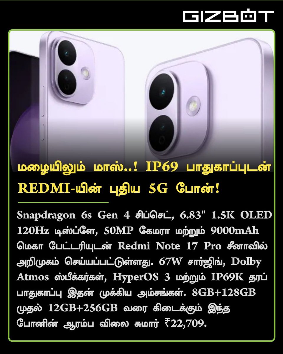 GizbotTamil's tweet photo. REDMI ஒரே போடு.. பட்ஜெட்ல 9000mAh பேட்டரி.. 67W சார்ஜிங்.. 50MP கேமரா.. IP69 ரேட்டிங்.. எந்த மாடல்? #REDMINote17Pro https://t.co/qvR85zdoNU