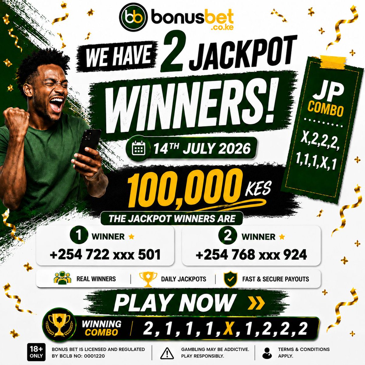 BonusBetKE's tweet photo. 🎉🔥 JACKPOT IMEKULIWA LEO! 🔥🎉

Leo tena Daily Jackpot imelipa, na washindi wameendelea kujitokeza! 🏆💸

Hongera sana kwa all our Jackpot Winners na Bonus Winners ambao wamecash out leo! 👏🎊

📢 Winning Combination ya leo ilikuwa:
✨ 2,1,1,1,X,1,2,2,2 ✨

Kama hiyo ndiyo uli-submit, hongera sana! ✅🔥
Check account yako na uthibitishe winnings zako zimeingia. 💸🚀

🎯 Jackpot Bonus Rewards:
✔️ 7/9 Correct – Bonus Winner 💰
✔️ 8/9 Correct – Bigger Bonus 🚀
🏆 9/9 Correct – Win KES 100,000! 🔥🏆

Daily Jackpot inaendelea kulipa kila siku, na winner anayefuata anaweza kuwa wewe! ⚽💥

🎟️ Play the next Daily Jackpot with KES 15 and above for a chance to WIN KES 100,000, plus bonus rewards on 7/9 and 8/9 correct predictions.

👉 Play Now: https://t.co/H8dEzLtqxK

⚠️ 18+ Only. Play responsibly. Gambling can be addictive.

#DailyJackpot #WinningCombination #JackpotResults #JackpotWinners #BonusWinners #KES100K #BetNa15 #PlayAndWin #GameKali #Bonusbet #BigWinsAlert #CashOutBig #JackpotKenya