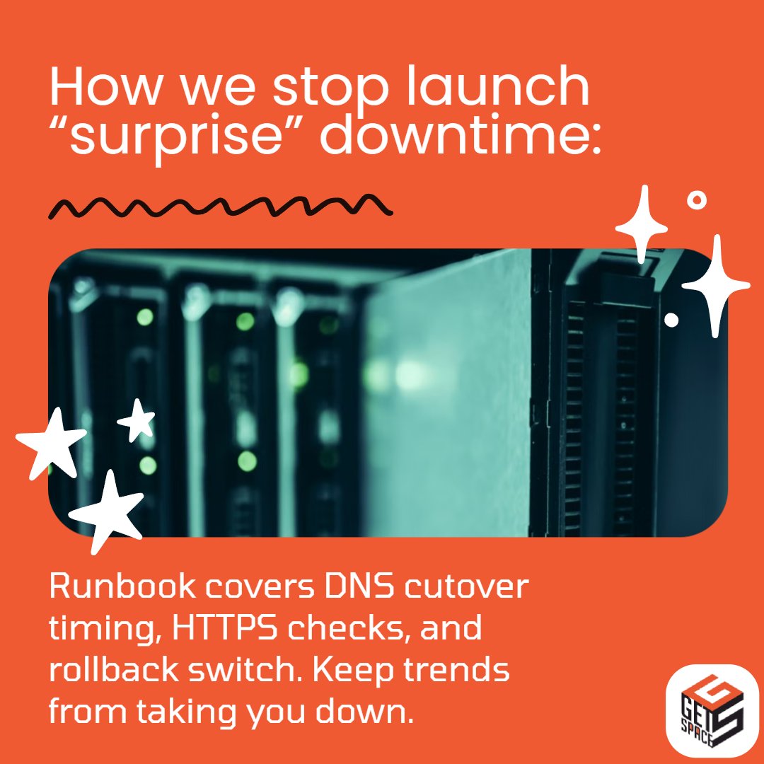 get_space's tweet photo. How we prevent launch downtime: a deployment runbook. New theme goes live. CMS update drops. Marketing redirects fire. Your site should handle all three without a hiccup, but most launches break because nobody planned the sequence. Here's our method: ✅ DNS cutover timing, staged https://t.co/zRUuB0743m
