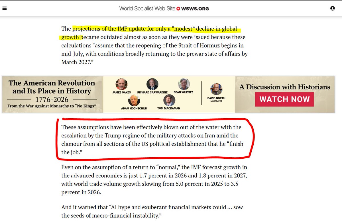 JohnWilsonWSWS's tweet photo. #GlobalEconomy  #AI #FinancialMarkets #instability 

... And [the IMF] warned that “AI hype and exuberant financial markets could … sow the seeds of macro-financial instability.” ...
---
... While AI has the potential to bring enormous advances in the productivity of labour, its development within the framework of the profit system and deepening global conflicts is intensifying all the contradictions of global capitalism.

In the first place, the “success” of AI, which depends on its capacity to generate a sufficient rate of return on the trillions of dollars being invested, requires the slashing of costs and the elimination of potentially millions of jobs—a process that has already started with the mass layoffs in the US high-tech sector.

Secondly, the development of AI, far from acting as a counterweight to the effects of war, is at the very centre of the struggle being waged by the US to maintain its dominance of the global economy against its rivals, above all China.

The projections of the IMF update for only a “modest” decline in global growth became outdated almost as soon as they were issued because these calculations “assume that the reopening of the Strait of Hormuz begins in mid-July, with conditions broadly returning to the prewar state of affairs by March 2027.”

These assumptions have been effectively blown out of the water with the escalation by the Trump regime of the military attacks on Iran amid the clamour from all sections of the US political establishment that he “finish the job.”
...
-----------------------------------------
A revealing comment from former IMF chief economist 
- World Socialist Web Site @WSWS_Updates 

@BeamsNick 
https://t.co/2eqvnvv8Sq