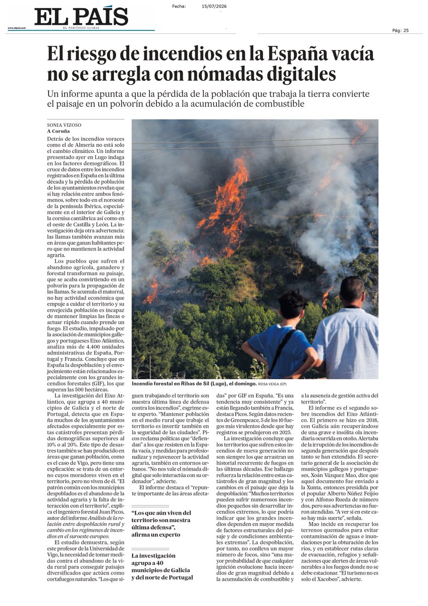 eixoatlantico's tweet photo. 📰 El País dedica hoxe unha páxina completa ao informe do Eixo Atlántico sobre a relación entre o despoboamento e o risco de incendios forestais en Galicia e no norte de Portugal.

O estudo, presentado na Deputación de Lugo, alerta de que o abandono da actividade agraria e forestal favorece a acumulación de combustible e aumenta a probabilidade de grandes lumes.

🔗https://t.co/NHJy3Yg9pT

@el_pais @jpicos13 @uvigo @depulugo