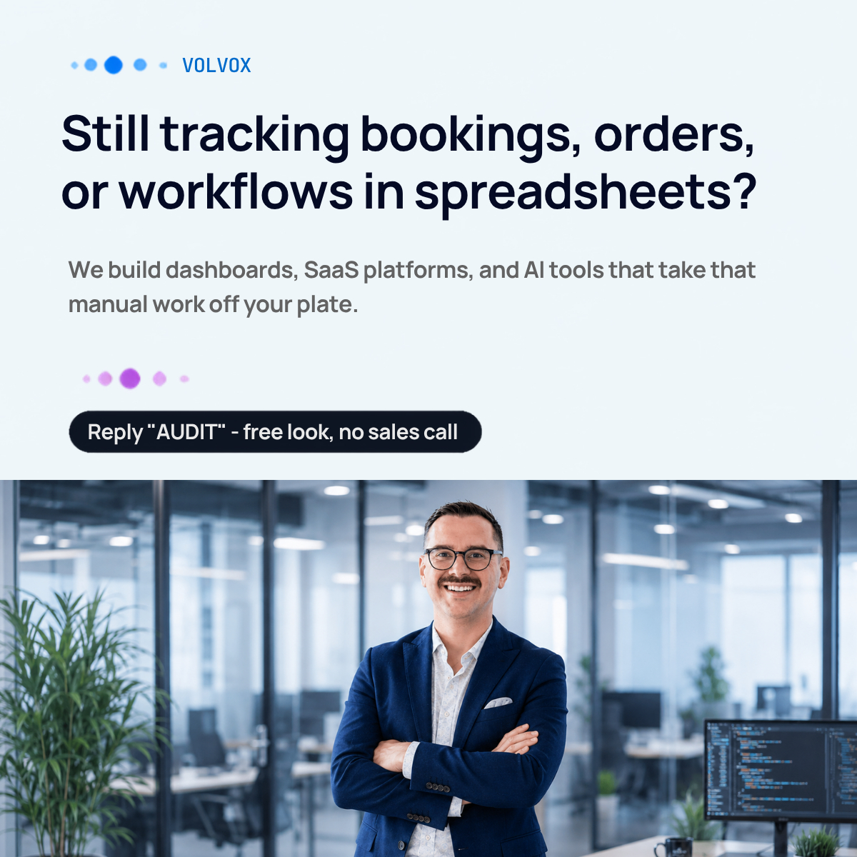 VolvoxDev's tweet photo. Still tracking bookings, orders, or workflows in spreadsheets?

We build dashboards, SaaS platforms, and AI tools that take that manual work off your plate - fast, no 6-month runaround.

Reply "AUDIT" for a free look. No sales call required.
#CustomSoftware #SaaS #Dashboards https://t.co/fkIKLpdt8S