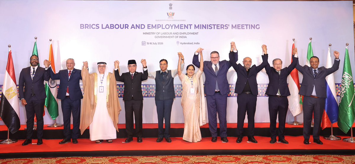 mansukhmandviya's tweet photo. Strengthening BRICS Cooperation for the Future of Work!

Chaired the 12th BRICS Labour and Employment Ministers' Meeting in Hyderabad today.

Guided by the vision of PM Shri @narendramodi ji and the spirit of Humanity First, India's BRICS Chairship has prioritised social security, women's workforce participation, skilling, and the use of digital technologies for workers' welfare.

Welcomed the consensus on BRICS CONNECT, an initiative proposed by India that establishes a collaborative platform for knowledge sharing and strengthens cooperation among BRICS countries.

Happy to share that a forward-looking and progressive Declaration was adopted by consensus under India's Chairship. This landmark Declaration further cements BRICS as an effective forum for building an inclusive, resilient, and people-centric future of work for the benefit of all our people.