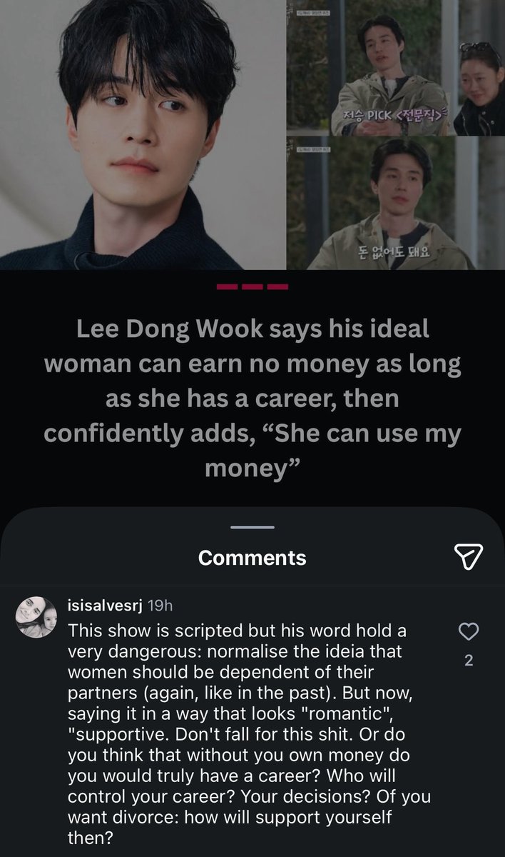 ryusooyeoI's tweet photo. to preface, women cannot be reduced to the mere three choices he was given. but it’s funny that this ig post heavily misconstrued what he said and everyone in the comments are writing thinkpieces about it 💀 none of u are ending up with him anyway so now what https://t.co/aSDLKBH5i5