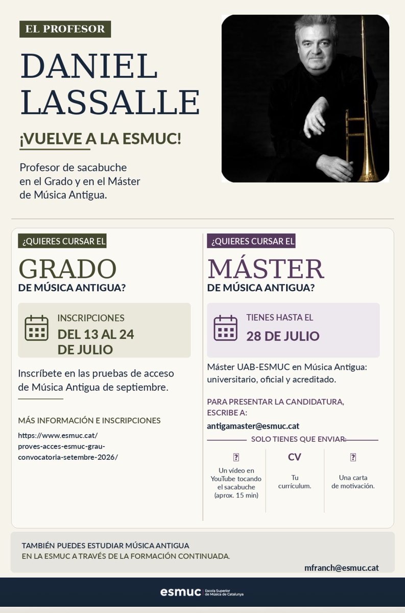 EsmucAntiga's tweet photo. DANIEL LASSALLE regresa a la @esmuccat. 

Hay lista de espera para estudiar con él en Francia, pero en nuestra escuela quedan aún plazas disponibles. 

 #EarlyMusic #MúsicaAntigua #sacabuche #trombón https://t.co/X1PVvTNDrT
