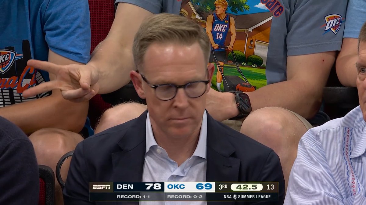 MrBuckBuckNBA's tweet photo. Someone had a cartoon shirt with Bennett Stirtz mowing the grass with a lawnmower, sitting right behind Sam Presti.
From last night.

A fun fact: Bennett Stirtz owns a lawn-mowing and lawn-care business. He and his brothers operate Stirtz Bros Lawn Care back in their hometown in Missouri, a business he originally started as a kid in third grade