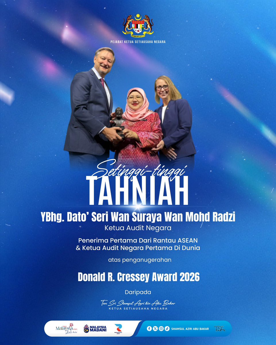shamsulazribakr's tweet photo. 𝐃𝐮𝐧𝐢𝐚 𝐦𝐞𝐧𝐠𝐢𝐤𝐭𝐢𝐫𝐚𝐟 𝐤𝐞𝐩𝐚𝐤𝐚𝐫𝐚𝐧 𝐝𝐚𝐧 𝐢𝐧𝐭𝐞𝐠𝐫𝐢𝐭𝐢 𝐩𝐞𝐧𝐣𝐚𝐰𝐚𝐭 𝐚𝐰𝐚𝐦 𝐌𝐚𝐥𝐚𝐲𝐬𝐢𝐚.

Setinggi-tinggi tahniah saya ucapkan kepada YBhg. Dato’ Seri Wan Suraya Wan Mohd Radzi, Ketua Audit Negara atas penanugerahan 𝑫𝒐𝒏𝒂𝒍𝒅 𝑹. 𝑪𝒓𝒆𝒔𝒔𝒆𝒚 𝑨𝒘𝒂𝒓𝒅 𝟐𝟎𝟐𝟔, pengiktirafan tertinggi dan berprestij dalam bidang pencegahan dan pengesanan fraud oleh Association of Certified Fraud Examiners (ACFE), sebuah organisasi profesional anti-fraud terbesar di dunia.

Pencapaian ini amat membanggakan kerana beliau merupakan penerima pertama dari rantau ASEAN dan penerima kedua dari rantau Asia yang menerima anugerah ini sejak ia diperkenalkan pada tahun 1989. Beliau juga merupakan Ketua Audit Negara pertama di dunia yang menerima anugerah ini semasa 37th Annual ACFE Global Fraud Conference di Boston, Massachusetts, Amerika Syarikat baru-baru ini.

Pengiktirafan di pentas antarabangsa ini membuktikan bahawa kepakaran, profesionalisme dan peranan audit negara bukan sahaja diiktiraf oleh komuniti anti-fraud antarabangsa, malah sebagai cerminan ketelusan dan kepercayaan kepada pengurusan risiko audit dan fraud sektor awam Malaysia.

#MalaysiaMADANI
#YakinMADANI
#MADANIBekerja
#ReformasiSatuKemestian
#TaatSetia

©️𝟮𝟬𝟮𝟲 𝗣𝗘𝗝𝗔𝗕𝗔𝗧 𝗞𝗘𝗧𝗨𝗔 𝗦𝗘𝗧𝗜𝗔𝗨𝗦𝗔𝗛𝗔 𝗡𝗘𝗚𝗔𝗥𝗔