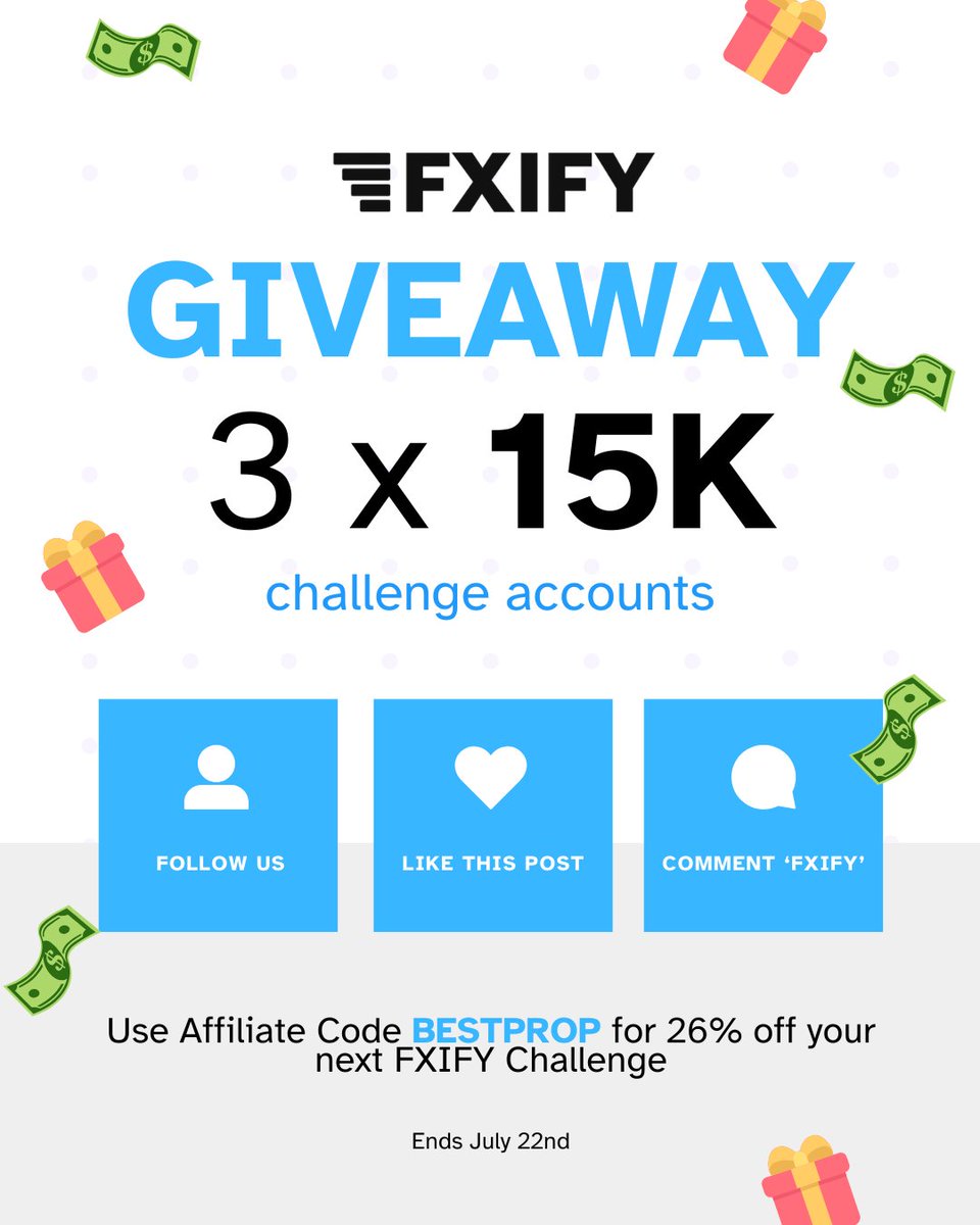 Prop_Firms's tweet photo. 45k Prop Firm Giveaway 🥳 w/ @fxifycom 

To enter for a chance to win 👇
1️⃣Follow @Prop_Firms & @compare_forex
2️⃣Like & Retweet this Post
3️⃣Follow our Instagram (https://t.co/ENfHpltMfd)
4️⃣Comment 'FXIFY' + Proof

3 x 15k Challenge Accounts 🎁

📅 Ends: 22nd of July at 8am (ET)
🏆 Winners chosen and contacted via DMs

#fxify #propfirms #propgiveaways #giveaway #proptrading #trading #forex