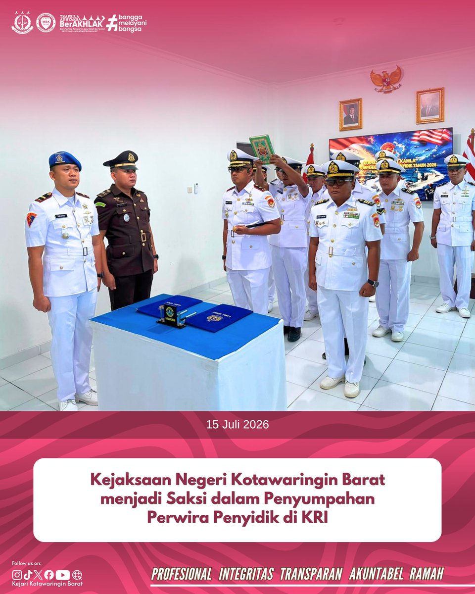 Kejari_Kobar's tweet photo. Rabu, (15/07/2026) Kepala Subseksi I Intelijen, Bapak Muhammad Iqbal Pramudani, S.H., M.H. menghadiri Kegiatan Penyumpahan Anggota Lanal Kumai sebagai Perwira Penyidik di KRI Lanal Kumai bertempat di Markas Komando Lanal Kumai, Pangkalan Bun.

#lanalkumai #kejarikobar https://t.co/lSdhcdE3eH