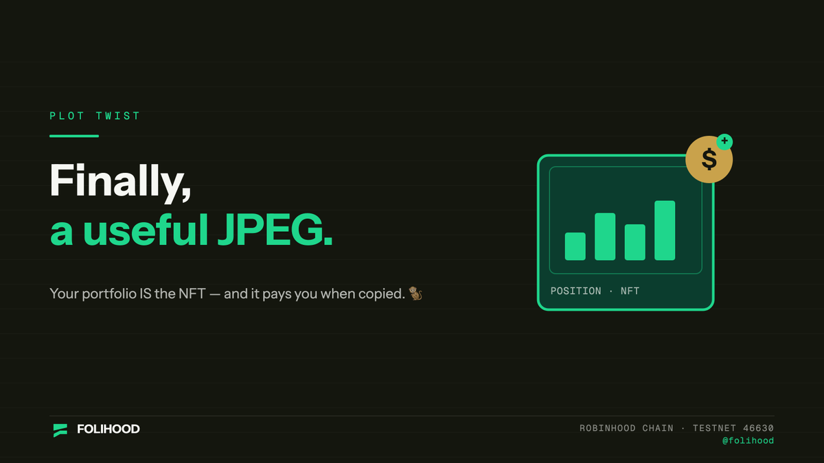 Folihood's tweet photo. Finally — an NFT that isn't a jpeg of a bored animal.

It's your actual stock portfolio. And when someone copies it, YOU get paid.

A JPEG that pays rent. We're through the looking glass. 🐒💸 https://t.co/qJWUb7uoat