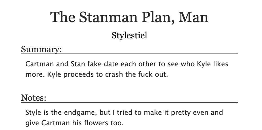 agitatedapple's tweet photo. The Stanman Plan, Man (6.7k) Cartman and Stan fake date each other to see who Kyle likes more. Kyle proceeds to crash the fuck out 👬💯 https://t.co/jOj6eRd4Ru https://t.co/MTkvUInNCC