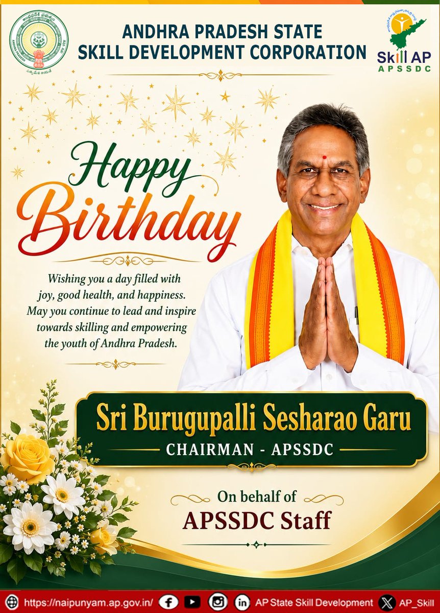 AP_Skill's tweet photo. Happy Birthday to Sri Burugupalli Sesha Rao garu, Chairman - APSSDC, on behalf of Team APSSDC https://t.co/JBzXU0TIE4