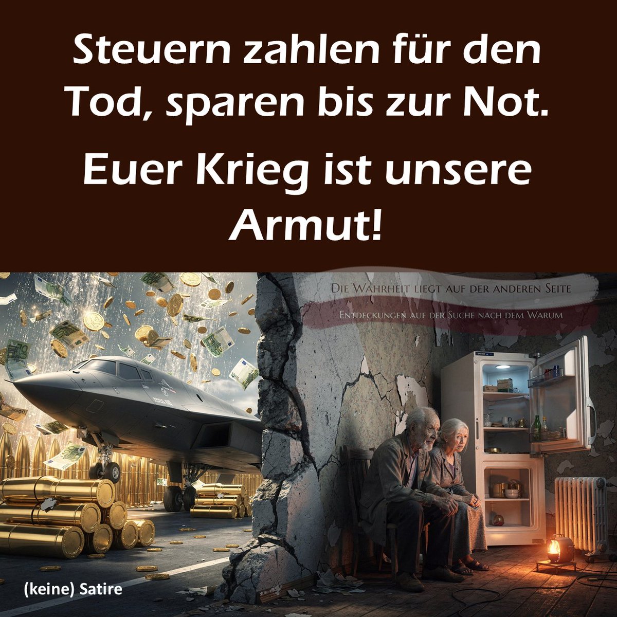MrMicWhy's tweet photo. #Krieg #frieden #rente #Steuerzahler #Bürger #Armut #politik
Für Krieg und Rüstung werden astronomische Summen bereitgestellt, während dem Steuerzahler die Renten gekürzt, die Pflege immer teurer und das Sozialsystem zurückgefahren wird.

Wie lange wollen wir noch zuschauen????? https://t.co/RNsW6kgmit