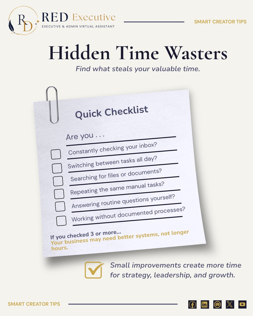 _REDexecutiveVA's tweet photo. Your biggest productivity problem may not be a lack of time. It may be the small habits that quietly steal it every day. โณ
Save this infographic and choose one time waster to eliminate before next week.
#BusinessProductivity #BusinessSystems #ExecutiveVA https://t.co/cqC0WuDgQ6