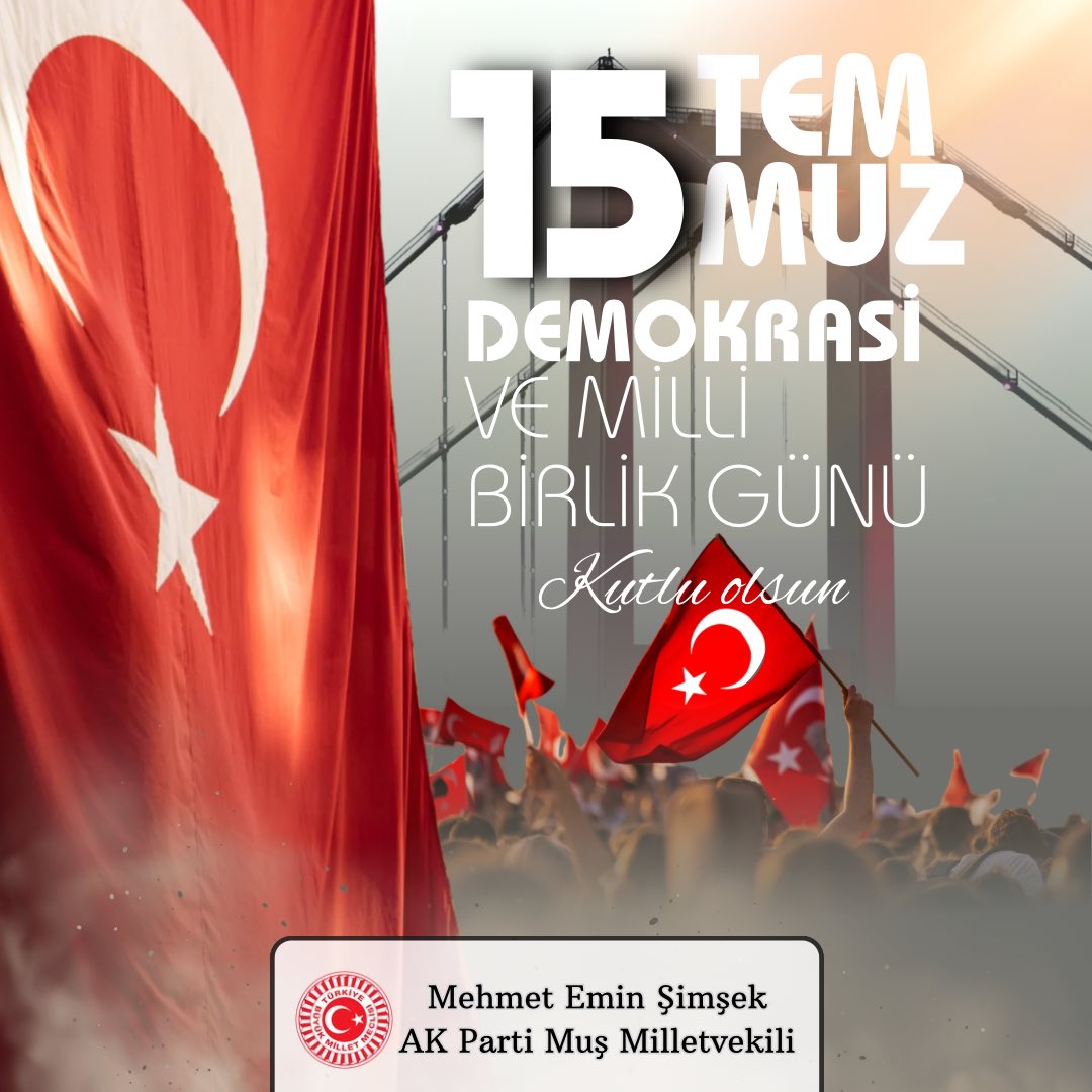 eminsimsekmus's tweet photo. 15 Temmuz, milletimizin vatanına, bayrağına, demokrasisine ve bağımsızlığına sahip çıkmak için tek yürek olduğu; birlik ve beraberliğin gücünü tüm dünyaya gösterdiği tarihî bir dönüm noktasıdır. O gece ortaya konulan cesaret, fedakârlık ve sarsılmaz irade, bugün de ülkemizin geleceğine ışık tutmaya devam etmektedir.

Aradan geçen on yılda Türkiye, bu güçlü dayanışma ruhundan aldığı ilhamla, Türkiye Yüzyılı hedefleri doğrultusunda daha güçlü, daha müreffeh ve daha dirençli bir geleceği inşa etme kararlılığını sürdürmektedir.

15 Temmuz Demokrasi ve Millî Birlik Günü’nün onuncu yılında, vatan uğruna canlarını feda eden aziz şehitlerimizi rahmet ve minnetle yâd ediyor; kahraman gazilerimize şükranlarımı sunuyorum.

#15Temmuz Demokrasi Ve Milli Birlik Günü kutlu olsun.

#ZaferBizim