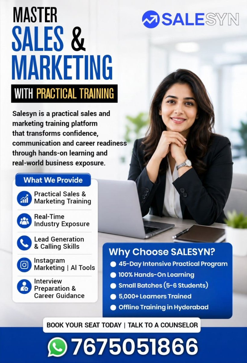 salesyn_'s tweet photo. Start building real-world sales and marketing skills that employers value |  45-Day Intensive Practical Program |  100% Hands-On Learning

Why SALESYN?
- Small Batches (5–6 Students)
- 5,000+ Learners Trained

📞  Talk to a Counselor: 7675051866

#Salesyn #SalesTraining https://t.co/nEMkaAxv0g