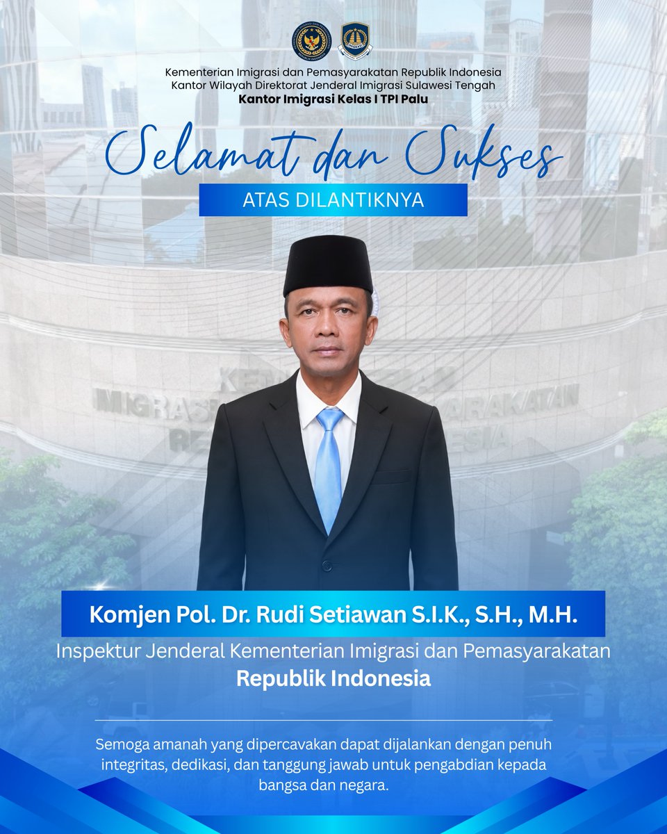 ImigrasiPalu's tweet photo. Selamat dan sukses atas dilantiknya Komjen Pol. Dr. Rudi Setiawan, S.I.K., S.H., M.H. sebagai Inspektur Jenderal Kementerian Imigrasi dan Pemasyarakatan Republik Indonesia.
#dirjenimigrasi
#hendarsammarantoko
#muhammadakmal
#imigrasipalu https://t.co/wFaoEgqOAd