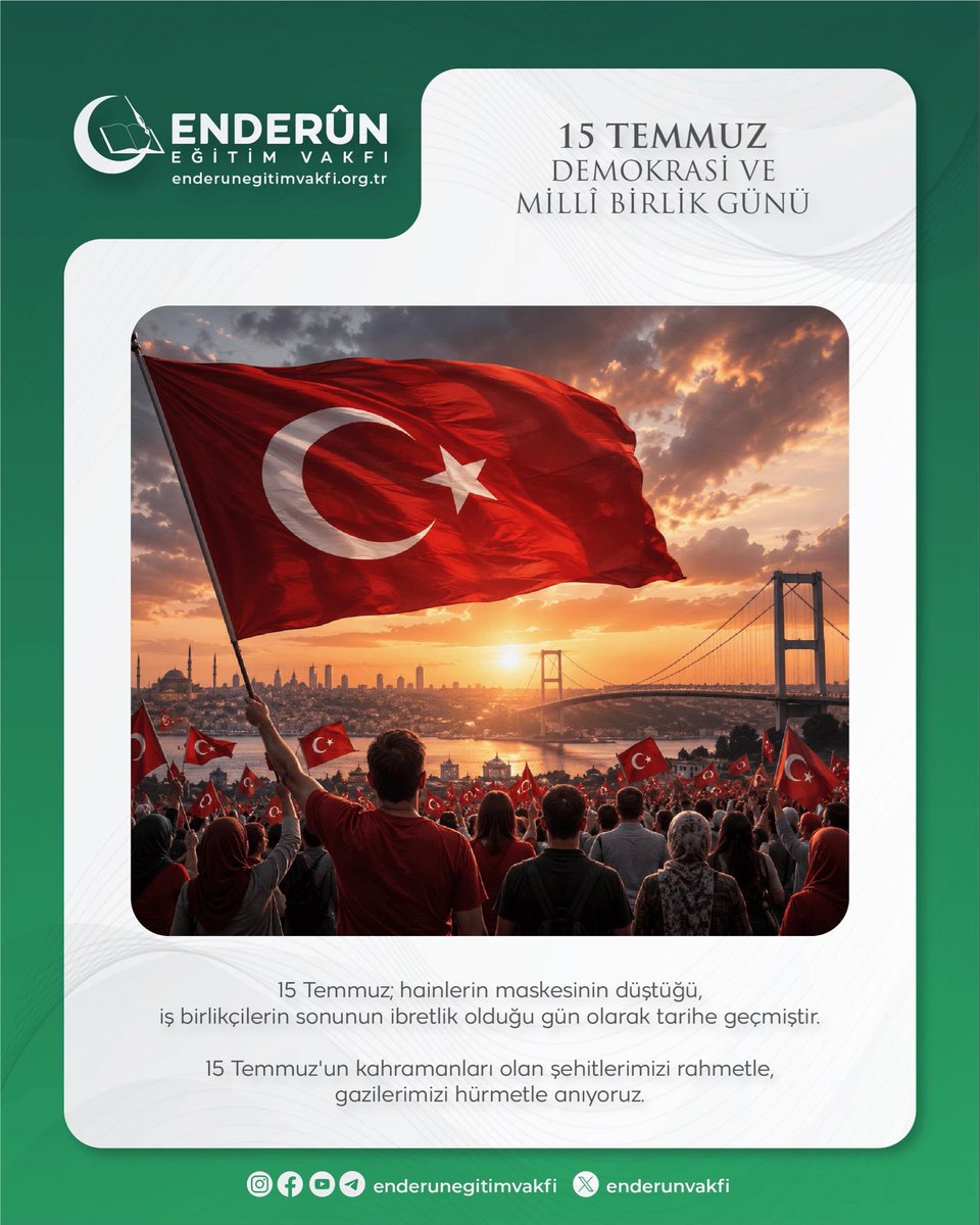 Enderunvakfi's tweet photo. 15 Temmuz; hainlerin maskesinin düştüğü, iş birlikçilerin sonunun ibretlik olduğu gün olarak tarihe geçmiştir.

15 Temmuz'un kahramanları olan şehitlerimizi rahmetle, gazilerimizi hürmetle anıyoruz.

#enderuneğitimvakfı
#15temmuz https://t.co/tQXxkWQTcs