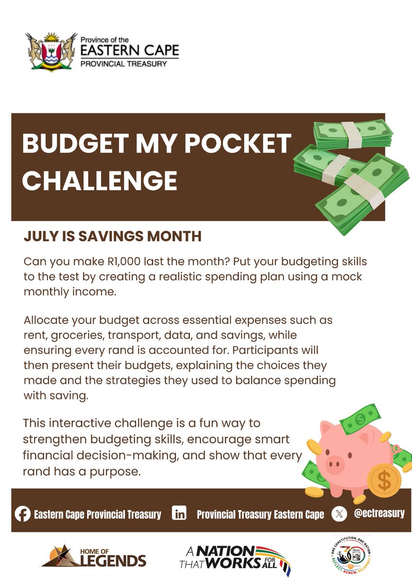 ectreasury's tweet photo. Today's challenge is simple: take a few minutes to plan your spending. Set a budget for the day or week, stick to it, and make every rand count.

Small budgeting habits today can lead to bigger savings tomorrow. https://t.co/P4TOHE164z