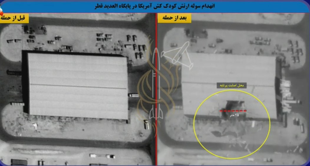 jacksonhinkle's tweet photo. Satellite images show before and after of a direct hit on a warehouse at US Al Udeid Air Base in Qatar, following Iranian strikes. https://t.co/bFguGeGHiU