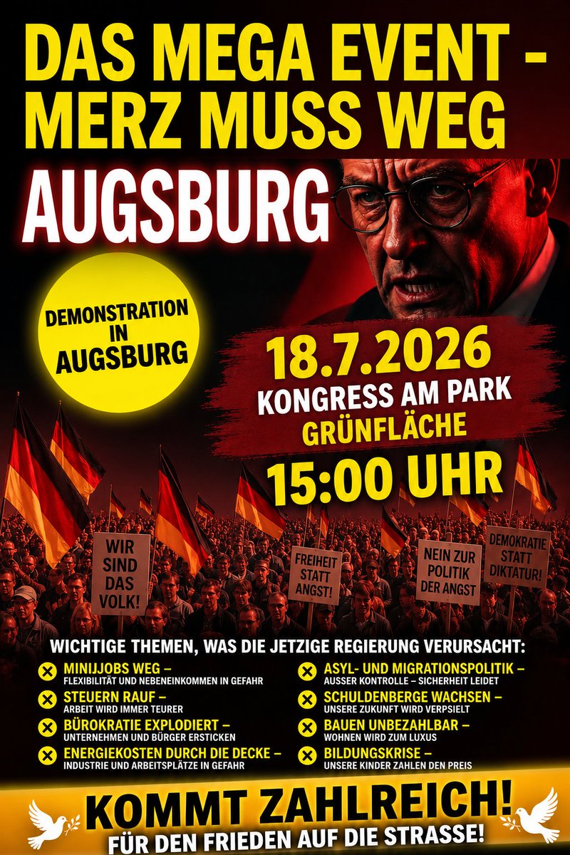 Technik_fuchs's tweet photo. Du hast die Schnauze voll? Dann komm zur Demo! Augsburg 

#BerlinerCDU #momson #WM2026 https://t.co/uZCvsUnzl8