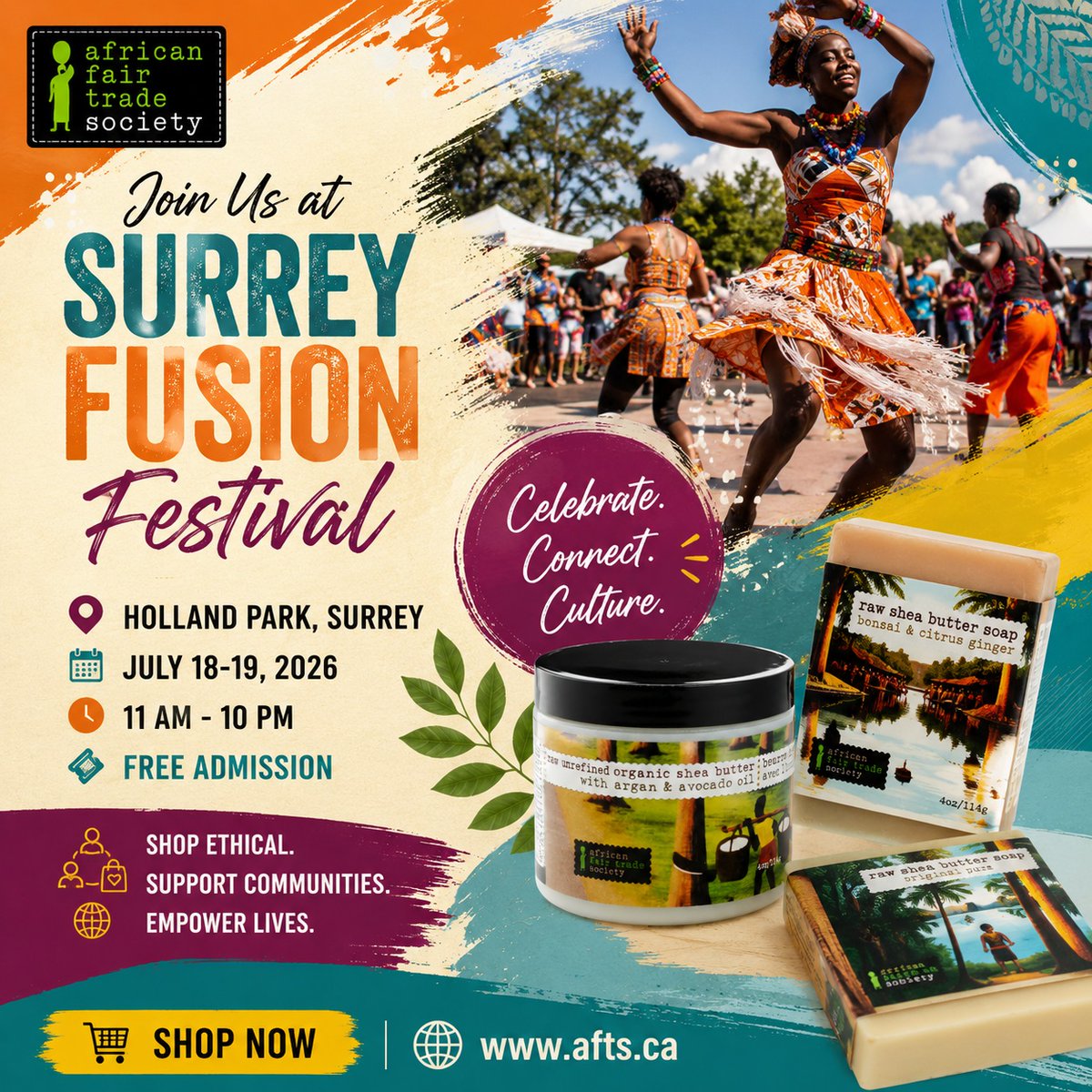 africanfair604's tweet photo. 🎉 We're Excited to Be at the Surrey Fusion Festival 2026! 🌍✨

📍 Holland Park, Surrey
📅 July 18–19, 2026
🕚 11:00 AM – 10:00 PM
🎟️ Free Admission

🛒 Learn more: https://t.co/X9C1VTc2pX

#SurreyFusionFestival #AfricanFairTradeSociety #NaturalSkincare #SheaButter #FairTrade https://t.co/lugFFufDOV