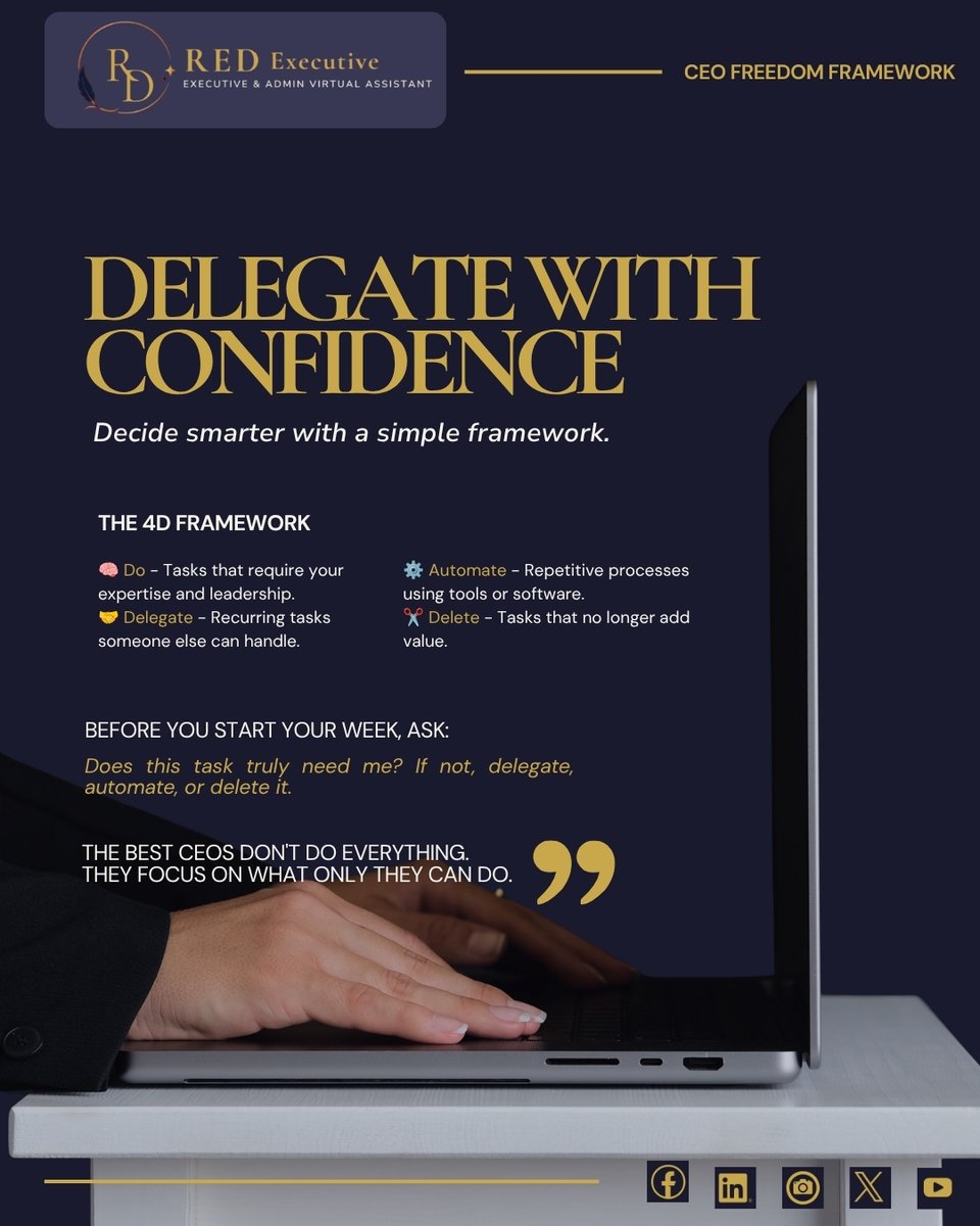 _REDexecutiveVA's tweet photo. Great leaders do not do everything. They decide what only they should do and build systems for the rest. โจ
Save this framework and review your task list before planning next week.
#Delegation #ScaleSmart #ExecutiveVA https://t.co/QCDOu0FPlZ