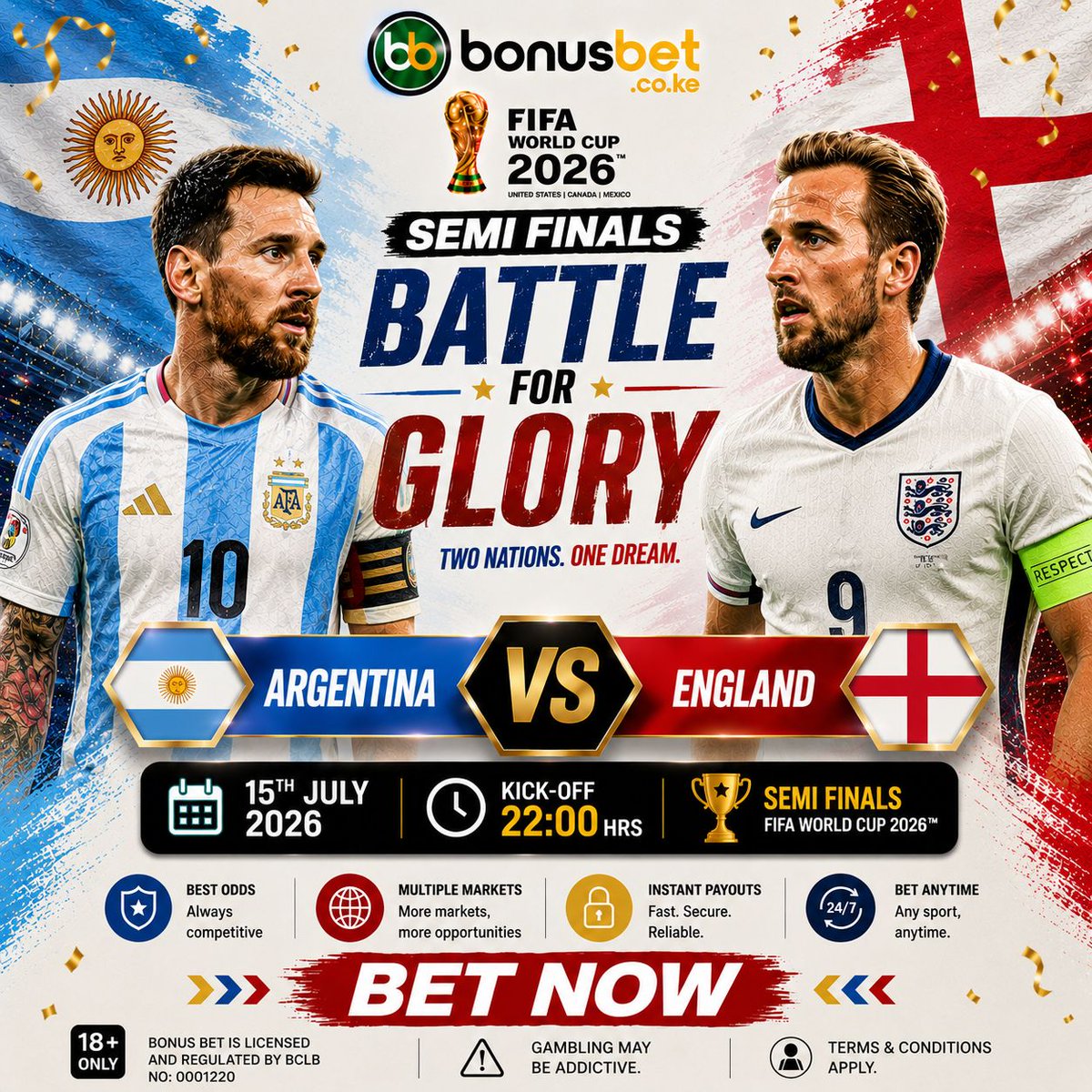 BonusBetKE's tweet photo. A classic World Cup rivalry will write its next chapter in Atlanta, as England and Argentina clash for a sixth time in this competition with a place in the final on the line. Who are you backing to progress to the finals?

Strictly 18+ | Cheza responsibly. Gambling can be addictive
Play Now https://t.co/GHbY8e91Pe
#BonusBet #WorldCup2026 #argentina🇦🇷 #england🇬🇧