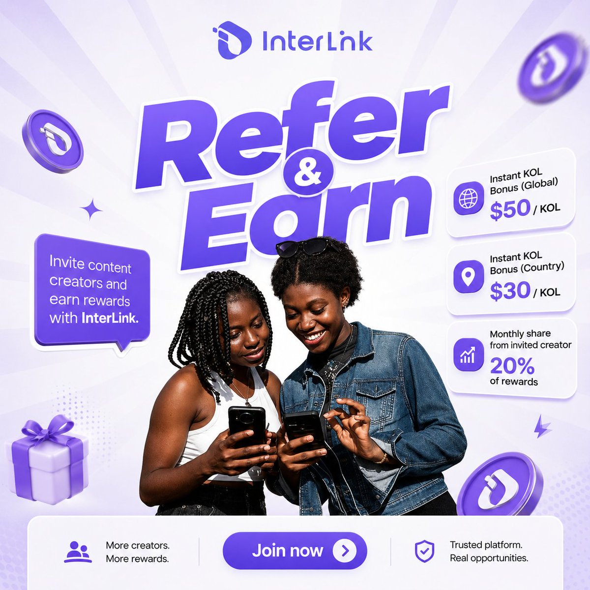 reina_itl's tweet photo. 🚀 INVITE CONTENT CREATORS: EARN MONTHLY REWARDS WITH INTERLINK

Do you know a creator who would be a great fit for @inter_link?

Invite them to join the InterLink Content Creator Program and turn your network into long-term earning potential.

Whether you are a KOL, Linker, or Ambassador, you can invite Content Creators and receive:
🌍 $50 for each valid Global KOL
🌐 $30 for each valid Country KOL
💰 20% of the monthly rewards earned by the creator you invited

The more active and valuable your invited creators are, the greater your long-term reward potential becomes.

Simply share your referral code and ask Content Creators to enter it when joining here:
🔗 https://t.co/w1nVfQaLZR

Don’t wait until the best creators in your network are invited by someone else first.
Start connecting, inviting, and unlocking rewards today.

#InterLink #ITLG #ITL #InterLinkContentCreator