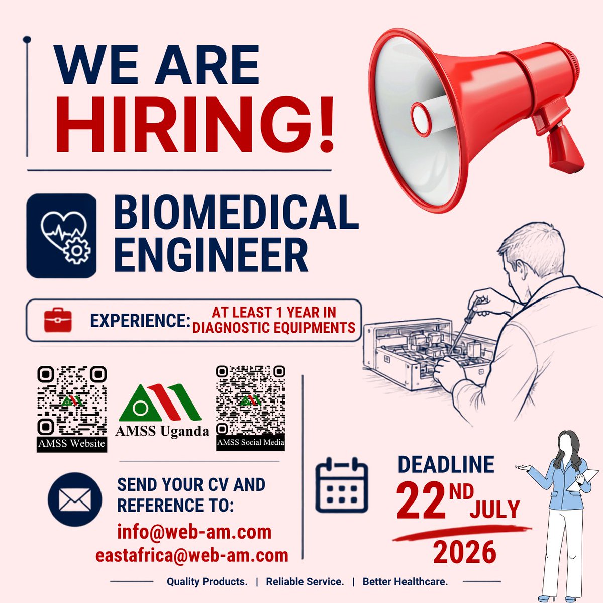 Africa_AMSS's tweet photo. We Are Hiring!

Biomedical Engineer
Experience: At Least 1 Year in Diagnostic Equipments

Send your Cvs On
info@web-am.com
OR
eastafrica@web-am.com

#AMSS #biomedical #hiring #Uganda https://t.co/92JlfZxCdu