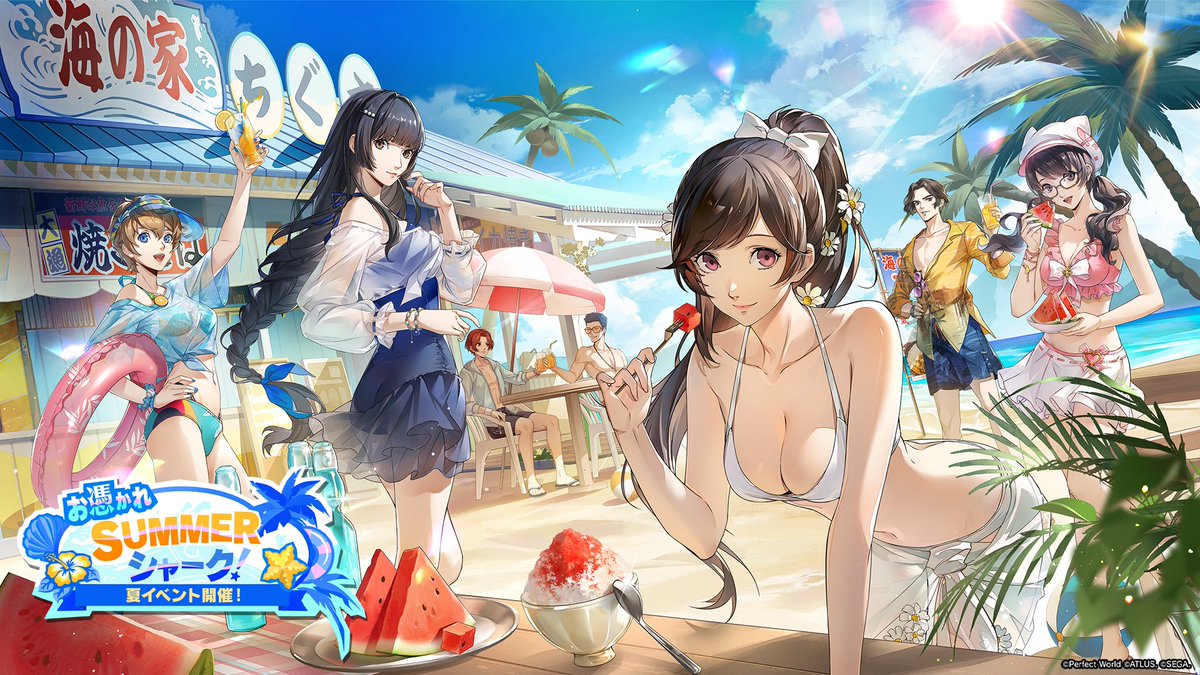 P5X_Official_JP's tweet photo. ◤『お憑かれSUMMERシャーク！』KV公開◢

もうすぐ夏イベント『お憑かれSUMMERシャーク！』の前編、「解禁⁉呪いの代里海岸」がスタート予定！
水着姿で夏を満喫する美波や朋子、怪盗団メンバーのイラストをお届けします✨

オリジナルストーリーやミニゲームなど盛りだくさんのコンテンツをご用意しています！
7/16(木)より開催予定です！

#P5XJP