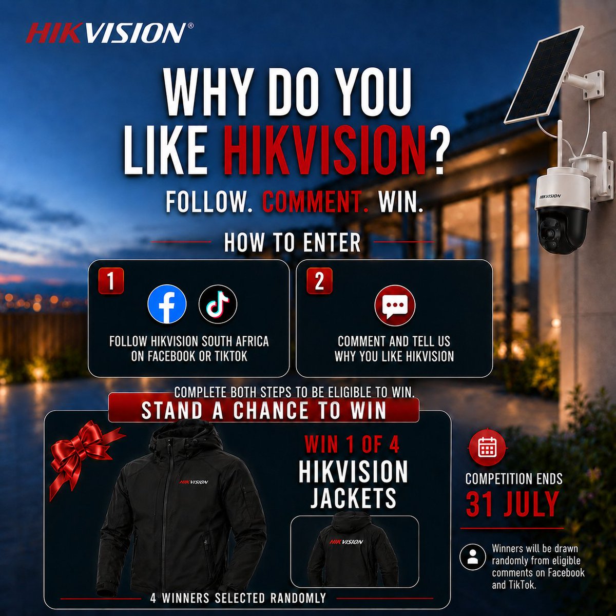 Hikvision_SA's tweet photo. ๐FOLLOW. COMMENT. WIN. ๐
Win 1 of 4 Hikvision jackets!
1๏ธโฃ Follow us:
โข Facebook: https://t.co/861Wae4nOz
โข TikTok: https://t.co/kcktSC11rD
2๏ธโฃ Comment why you like Hikvision on our posts
Ends 31 July. Random winners. Good luck! ๐
#HikvisionSA #FollowCommentWin #Giveaway https://t.co/9welmGk7fa