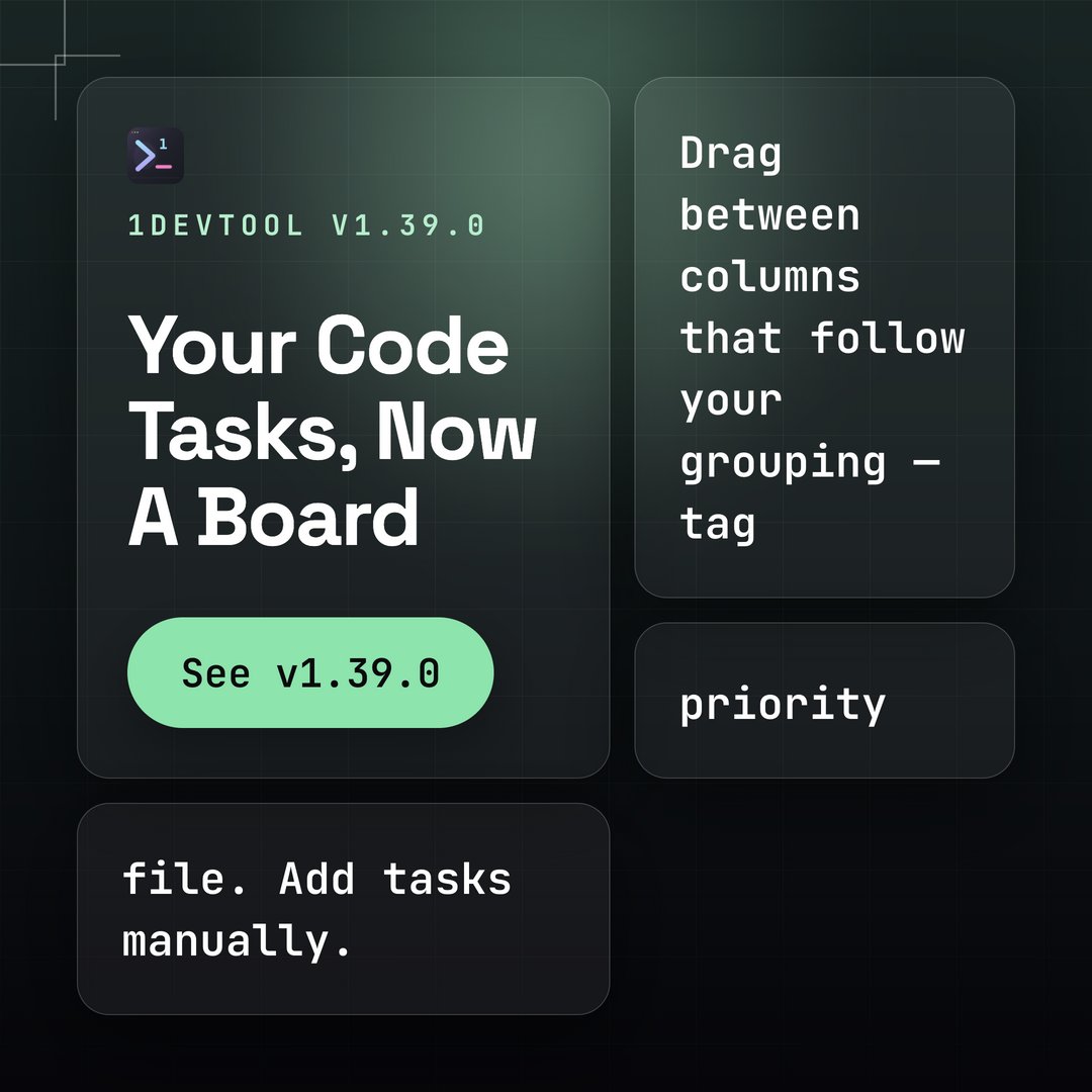 stoicsoft's tweet photo. Code Tasks is a Kanban board now. Drag tasks between columns — the columns follow whatever grouping you're already on: tag, priority, file.

You can also add tasks by hand. No TODO comment needed. They save with the project, next to your scanned ones.

1DevTool v1.39.0 https://t.co/jWBptf2Gni