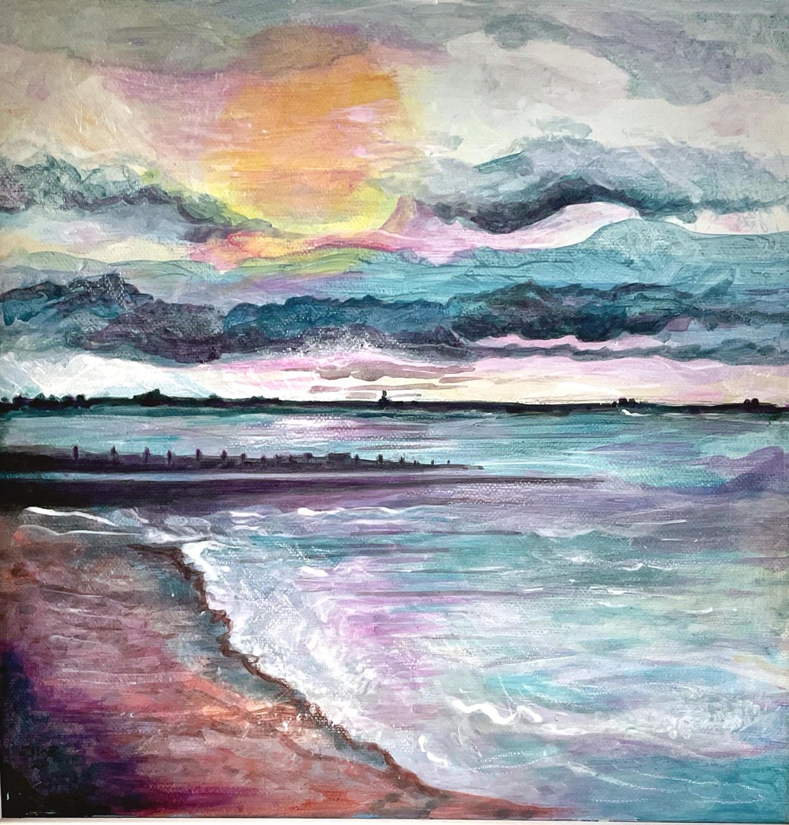 RuthMcDonald1's tweet photo. A painting of the shore at dawn in Seasalter in Kent using multi layers of paint pen and pastels - great for an early morning walk before the crowds arrive in Summer #walking #dawn #sunrise #artist #painter #wednesday #shinglle #seashore #shoreline https://t.co/zlvNXcD63w
