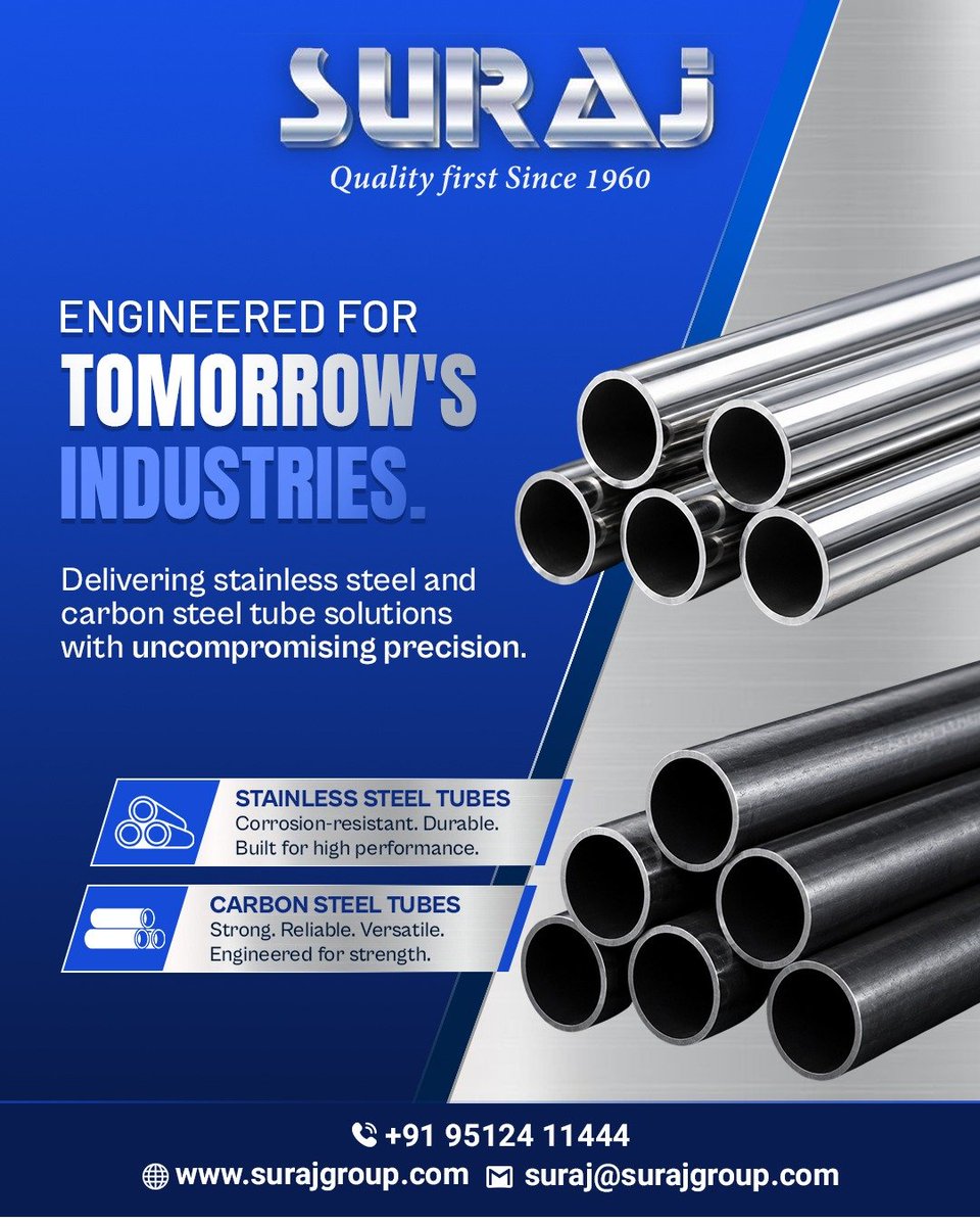 SurajLimited's tweet photo. Built with precision. Driven by excellence.

📞 Contact: +91 95124 11444
🌐 Website: https://t.co/0gcU4333pG
📩 Email: suraj@surajgroup.com

#stainlesssteel #carbonsteel #steeltubes #industrialmanufacturing #industrialsolutions #makeinindia #hydraulictubes #precisiontubes https://t.co/gg8F6Y5N54